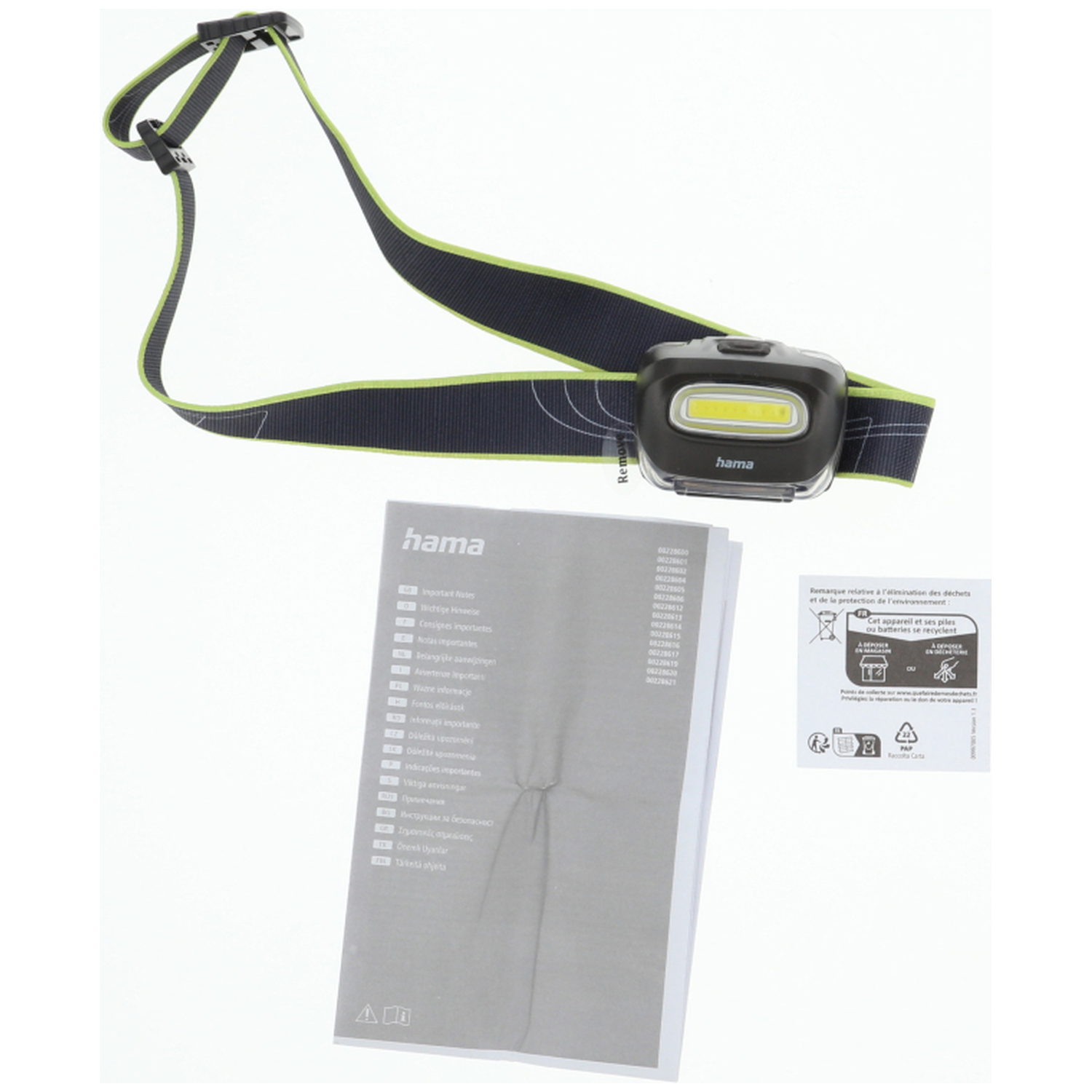 Hama headlamp with black and neon green strap, manual, and disposal instructions.