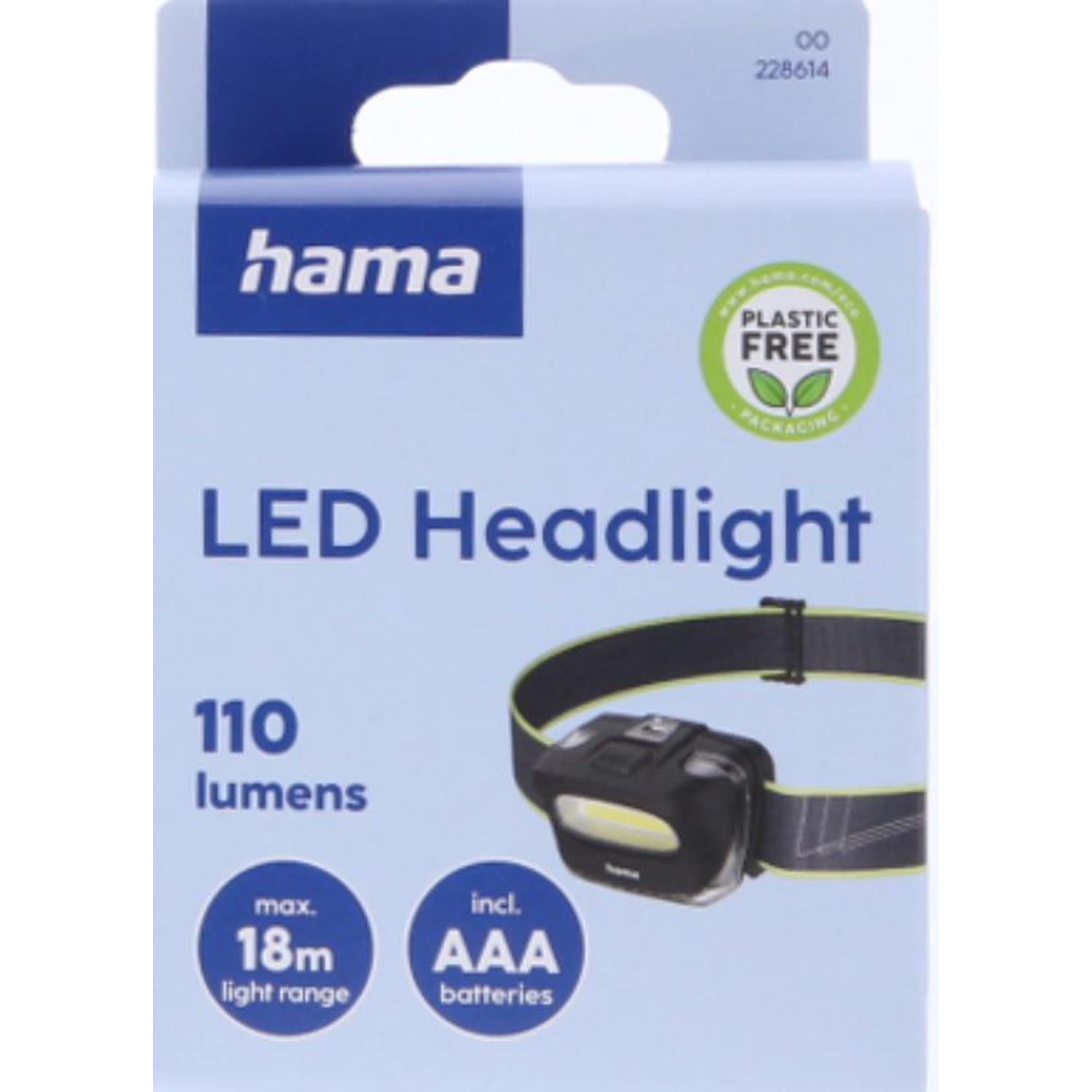Hama LED headlight packaging, 110 lumens, includes AAA batteries.
