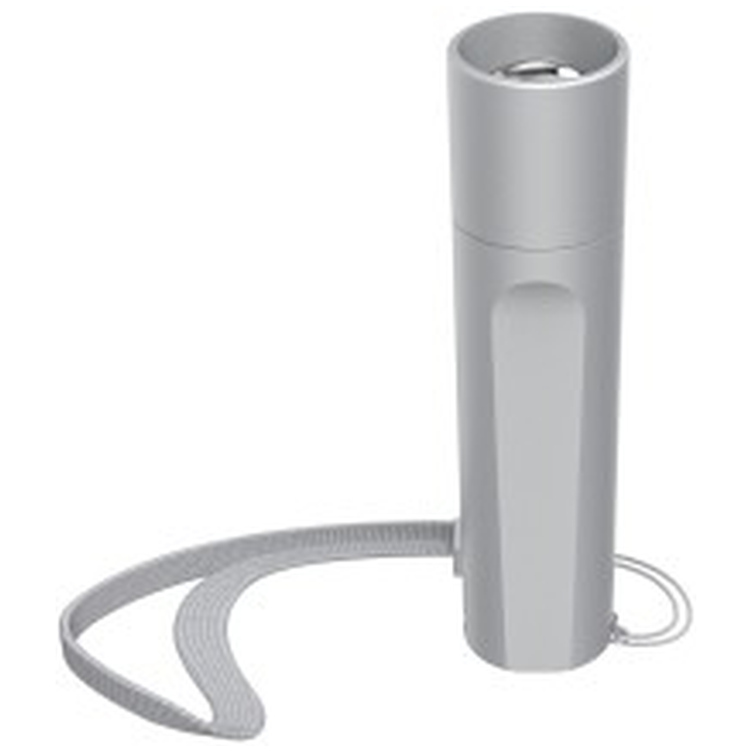 A silver flashlight with a lanyard.