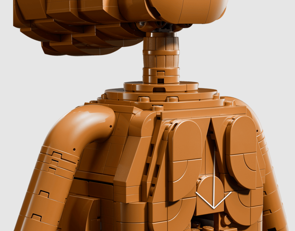 Eine Nahaufnahme eines braunen Lego-Roboters mit detaillierten Bausteinen.