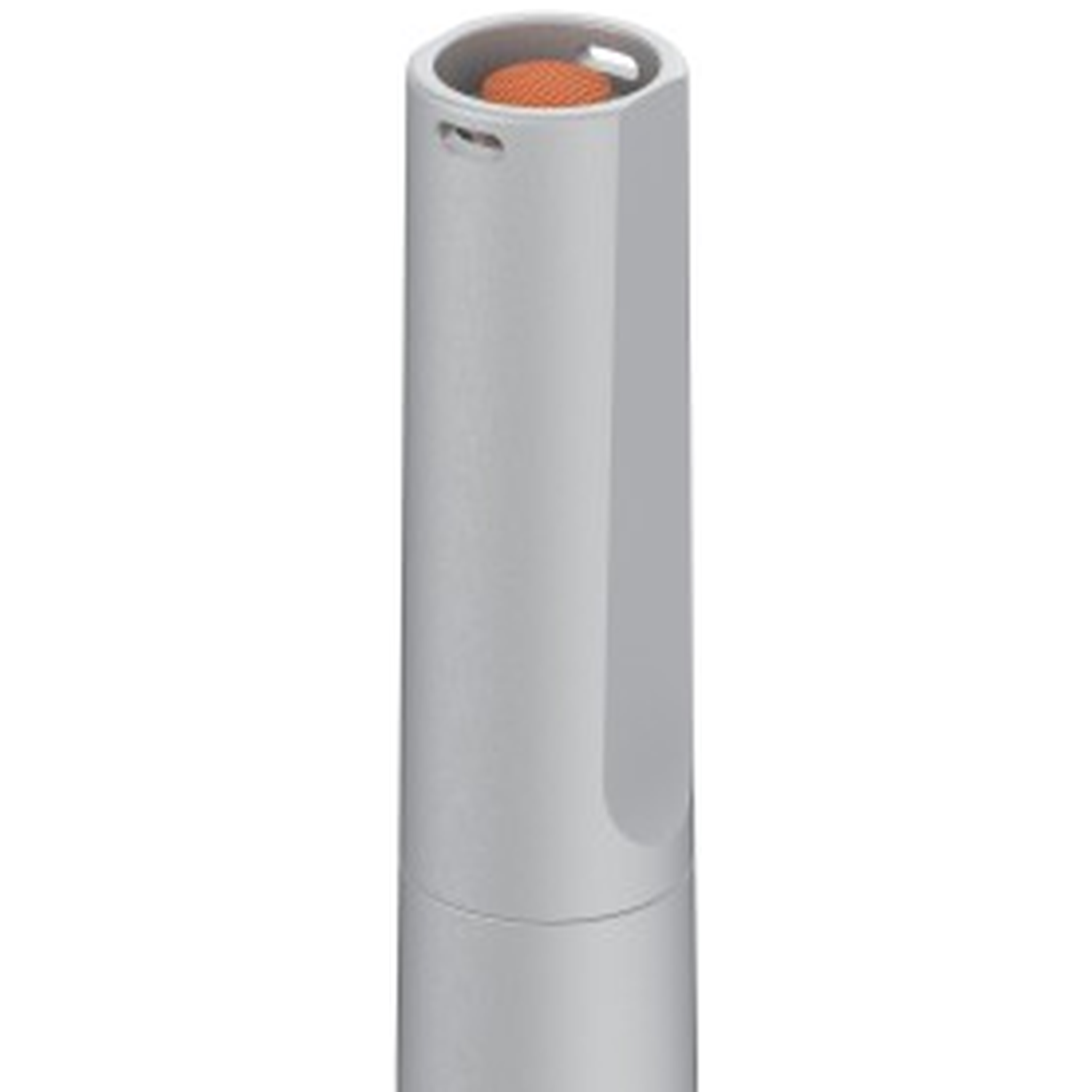 A silver cylinder with an orange button at the top.