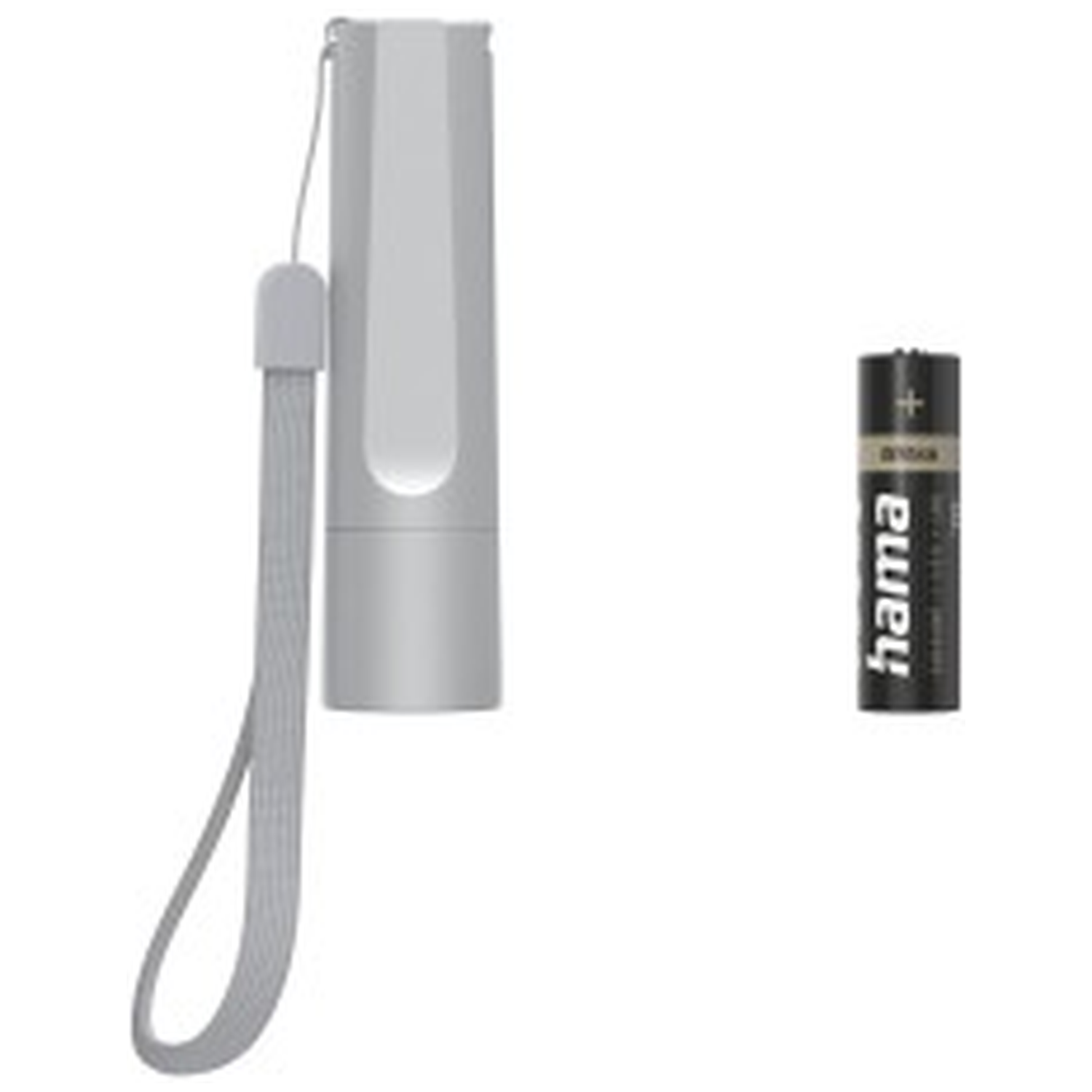 Silver flashlight with lanyard and a Hama AA battery next to it.