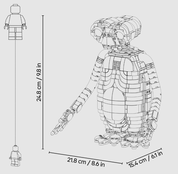 Zeichnung eines LEGO E.T. Modells mit Maßen und einer Minifigur zur Skalierung.