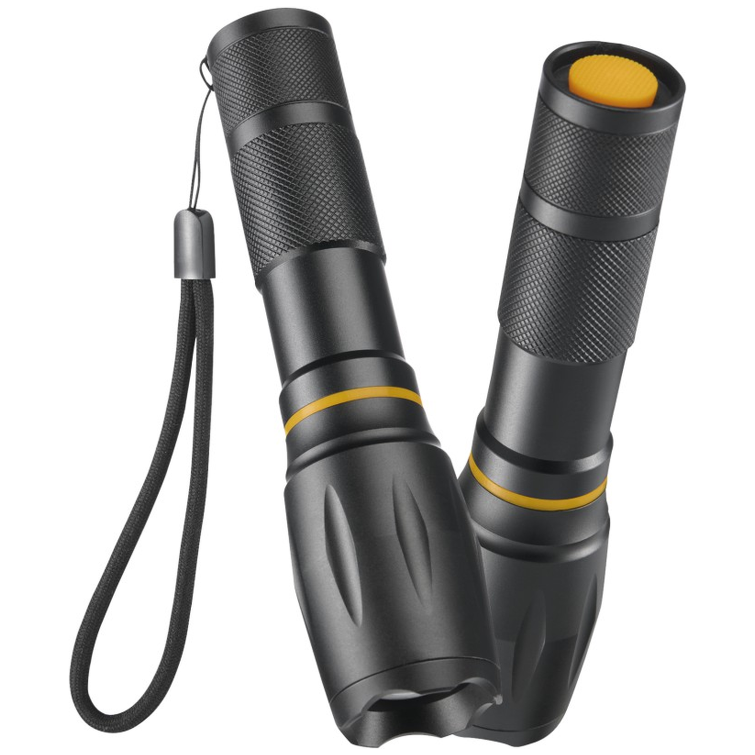 Two black flashlights with yellow accents and lanyards on a white background.