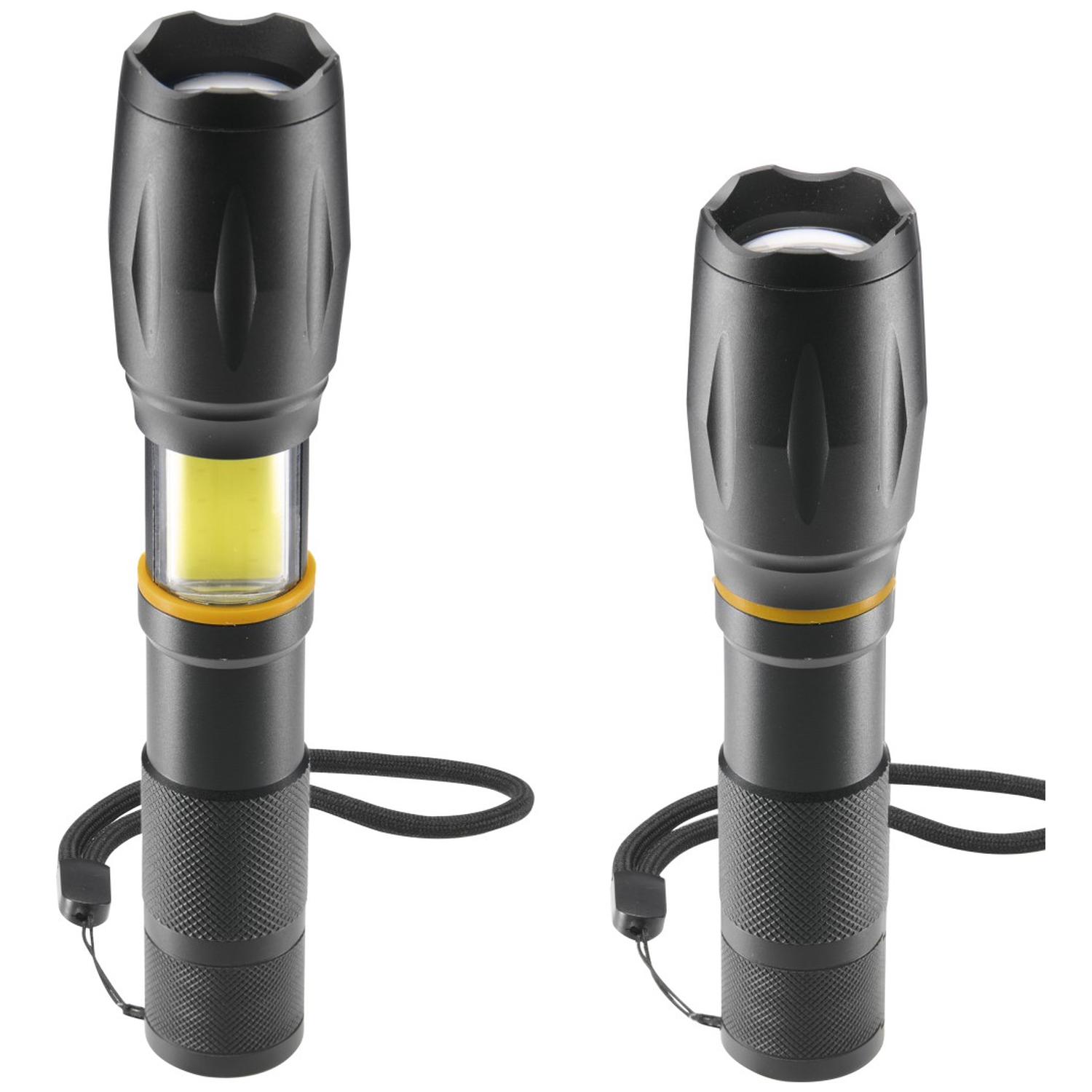 Two black flashlights with wrist straps, one is lit with yellow light.