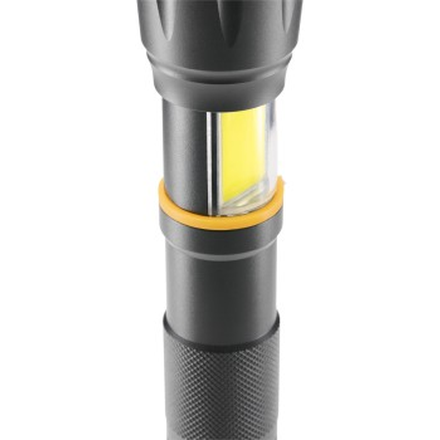 Close-up of a black flashlight with yellow LED light and an orange ring.