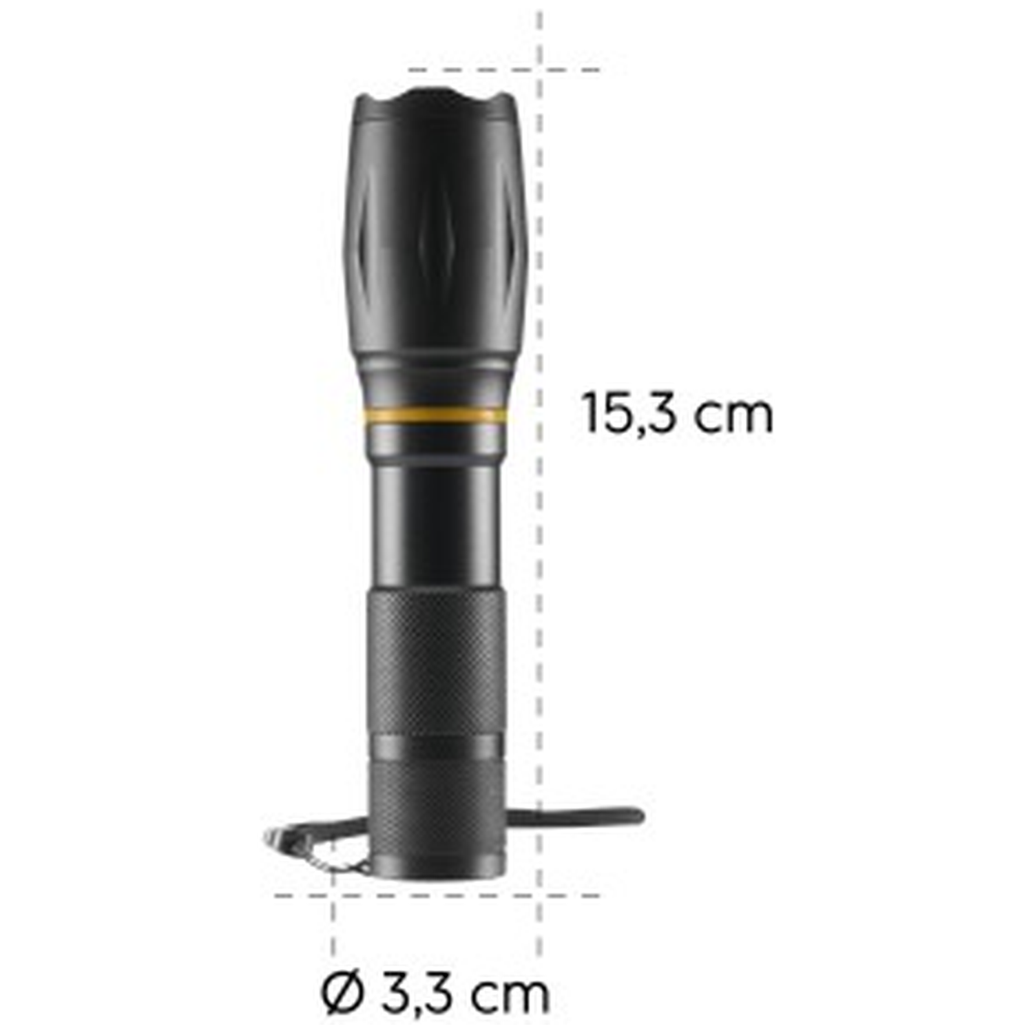Black flashlight with yellow ring, 15.3 cm long, 3.3 cm diameter.
