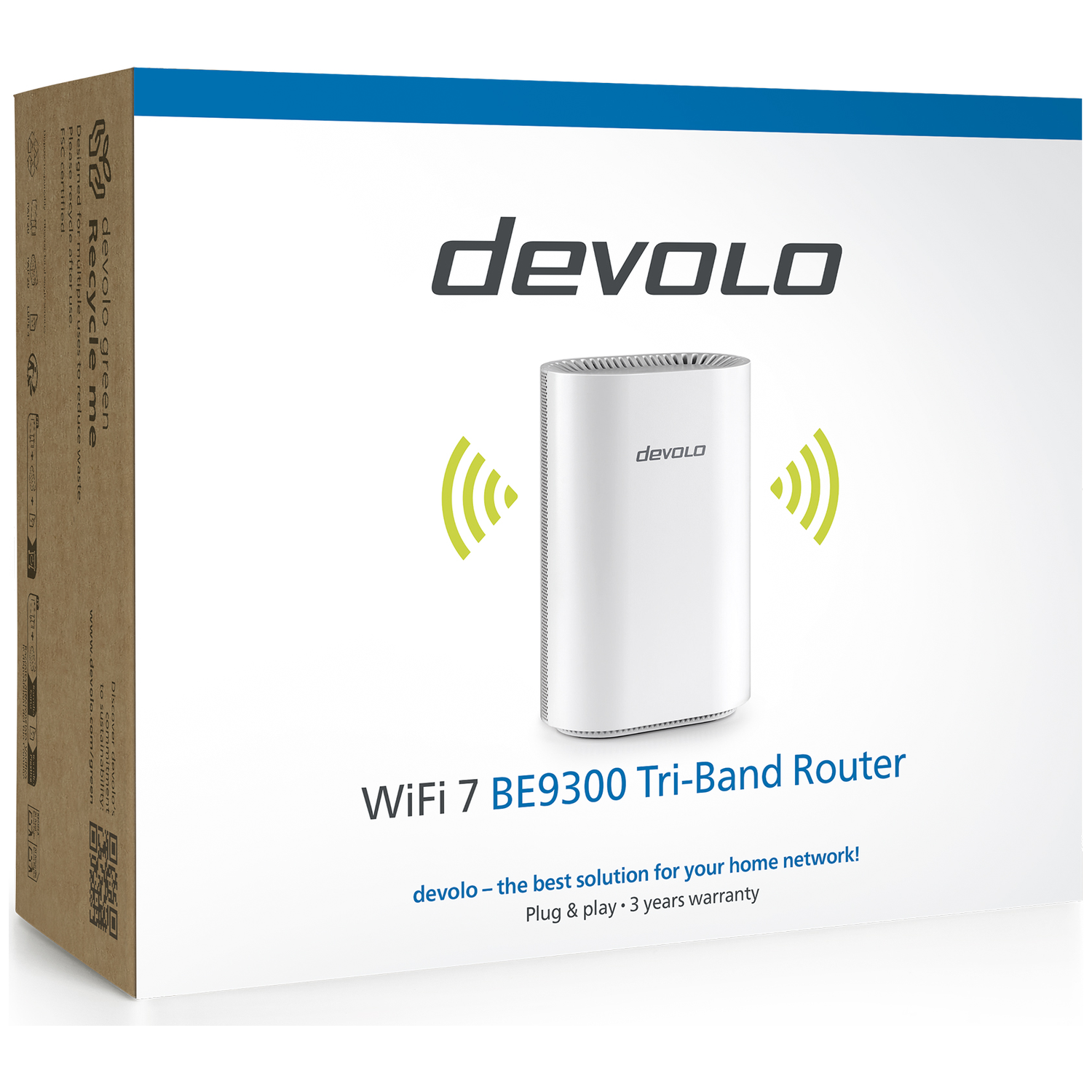 Devolo WiFi 7 BE9300 Tri-Band Router on white box with blue stripe.