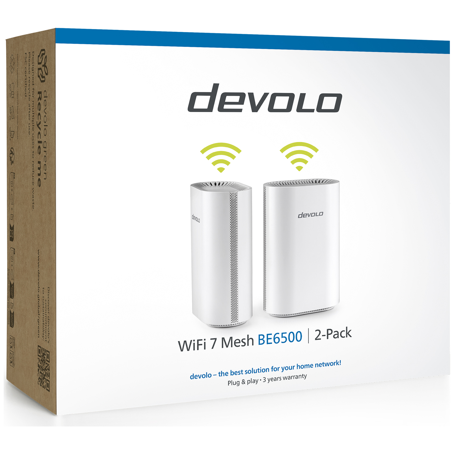 Box shows two white Devolo WiFi 7 Mesh BE6500 devices with green wifi symbols.