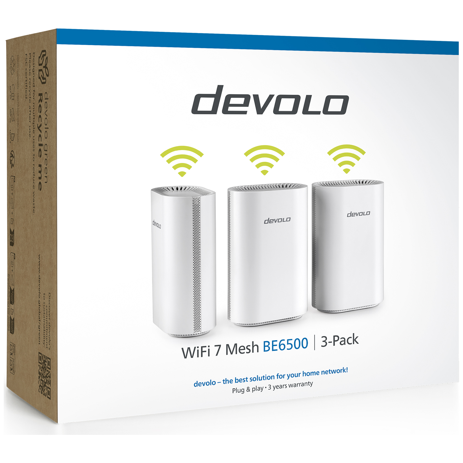 Doos voor 3 Devolo WiFi 7 Mesh BE6500 routers met WiFi-symbolen.