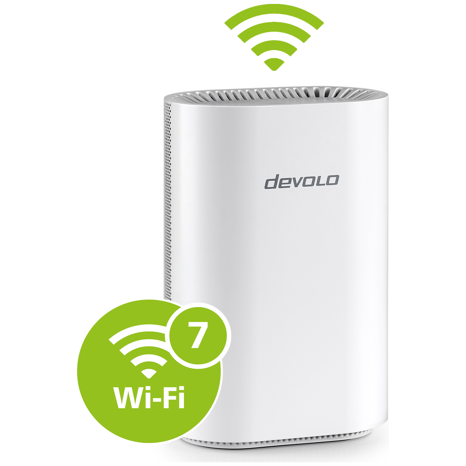 A white, cylindrical Devolo Wi-Fi 7 router with ventilation slits and signal icons.