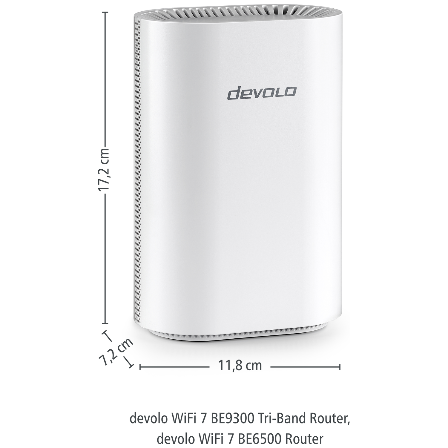 A white Devolo WiFi 7 router, measuring 17.2x11.8x7.2 cm.