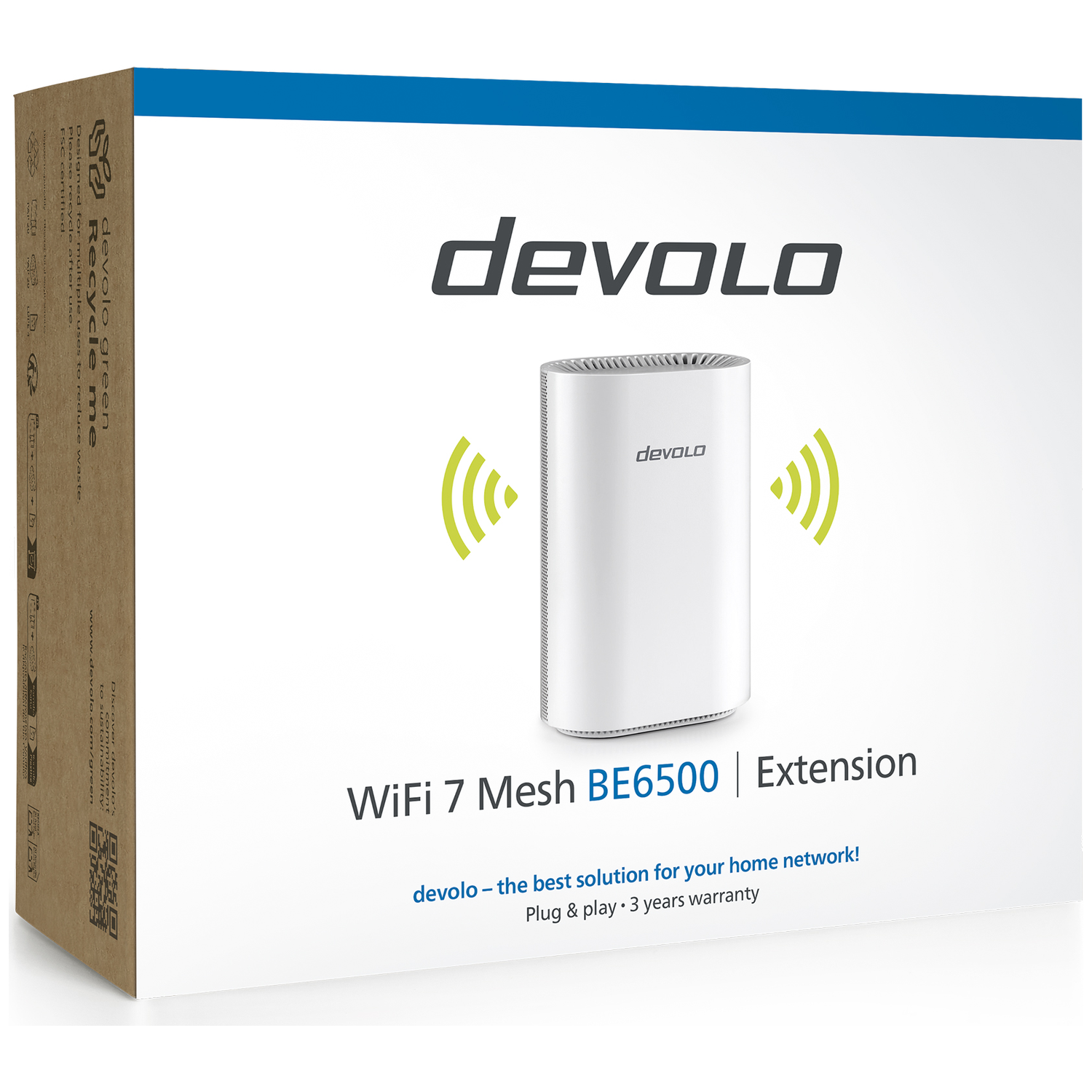 Devolo WiFi 7 Mesh BE6500 Extension device on cardboard packaging.