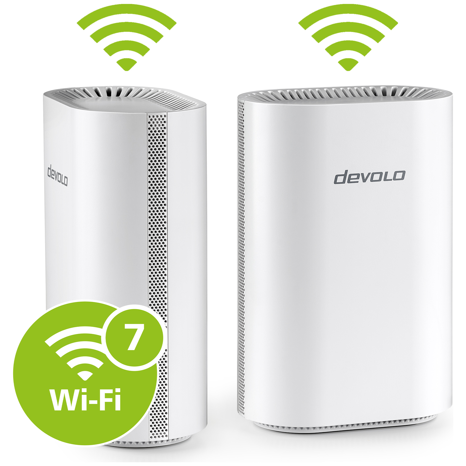Two white Devolo Wi-Fi routers with green Wi-Fi symbols and the number 7.