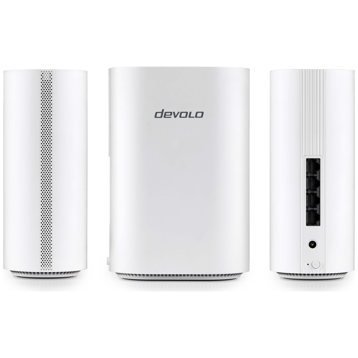 Three white Devolo devices side-by-side. Left has vents, middle has logo, right has ports.