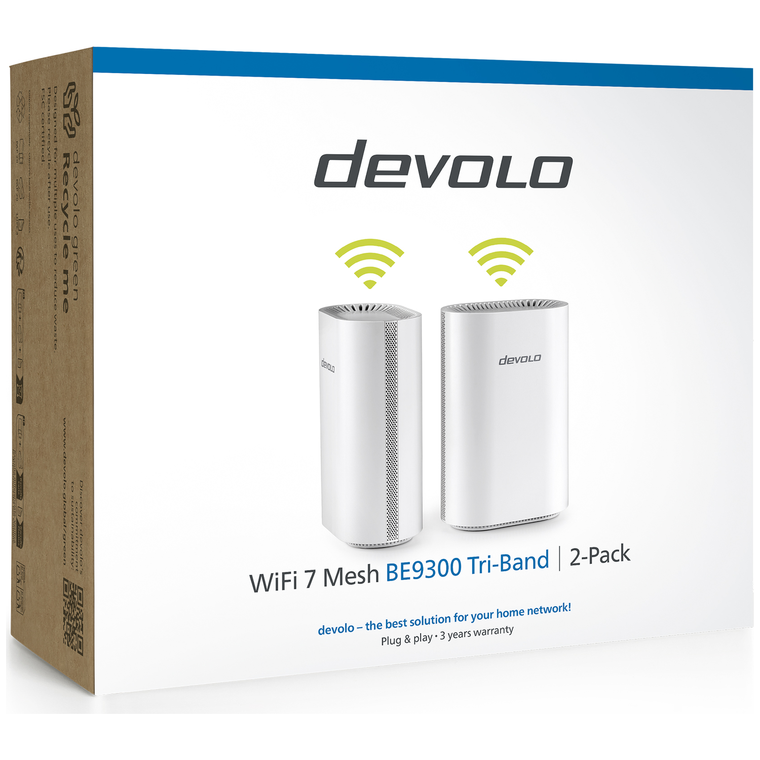 Devolo WiFi 7 Mesh BE9300 Tri-Band 2-Pack box with two white routers.