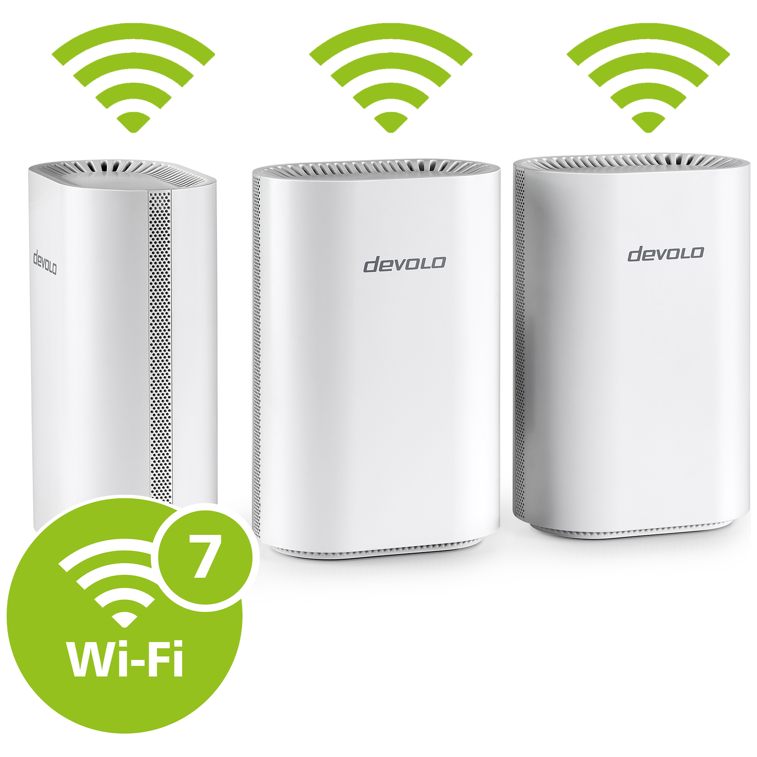 Three white Devolo Wi-Fi 7 mesh devices with green signal icons.