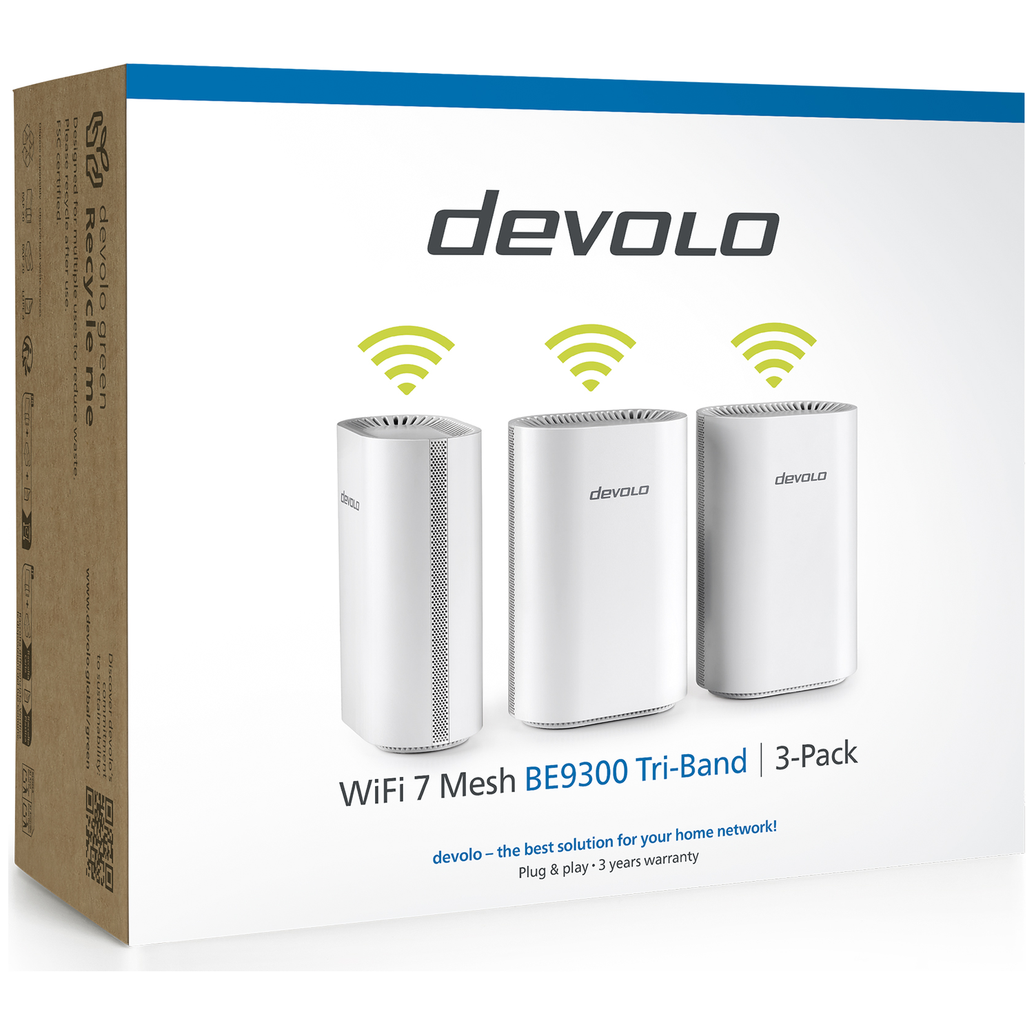Box with three white Devolo WiFi 7 Mesh BE9300 routers with WiFi symbols.