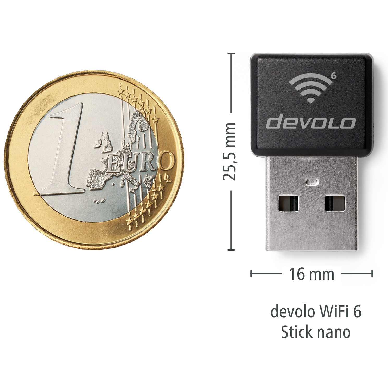 One euro coin next to a black devolo WiFi 6 Stick nano.