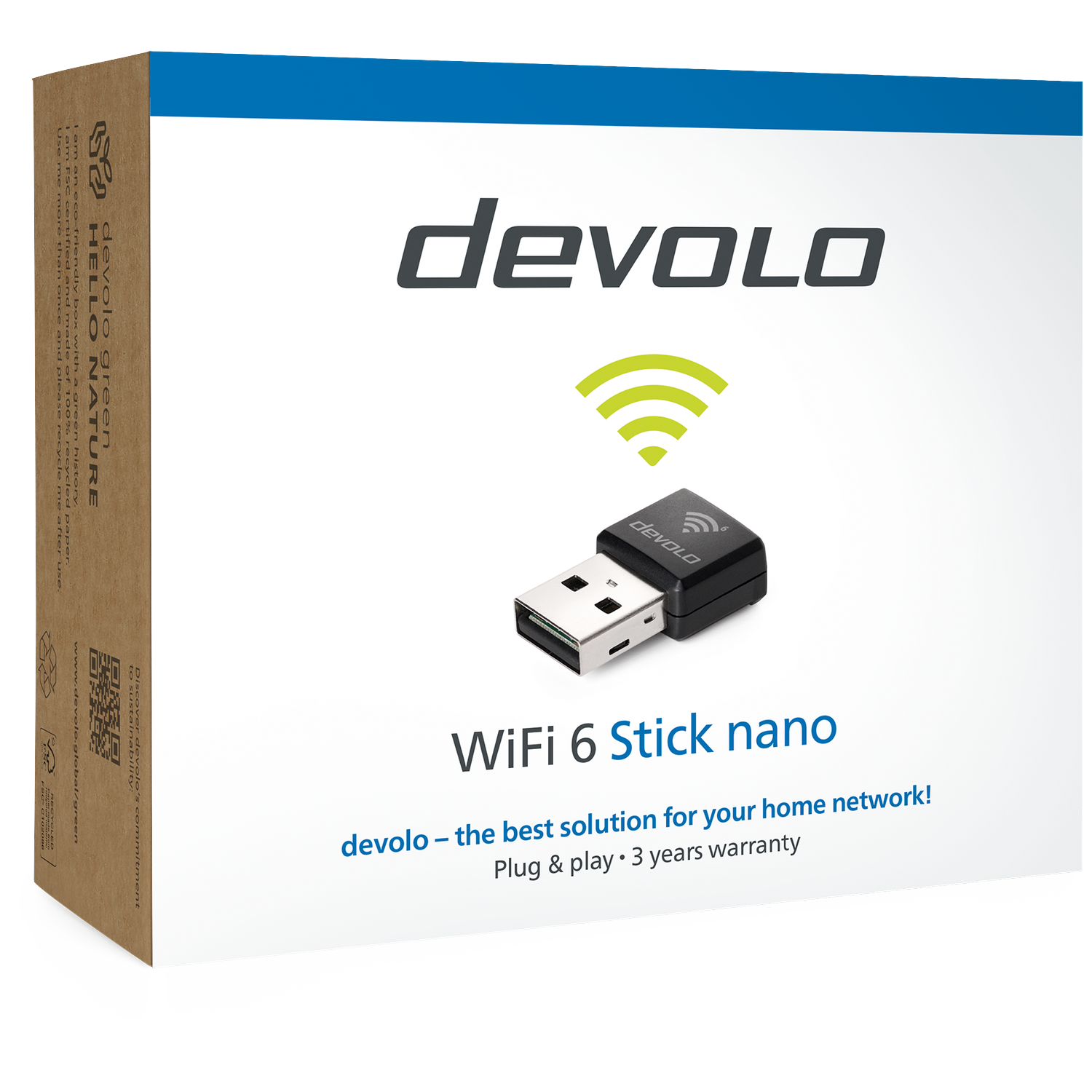 Devolo WiFi 6 Stick nano packaging with product image and text.