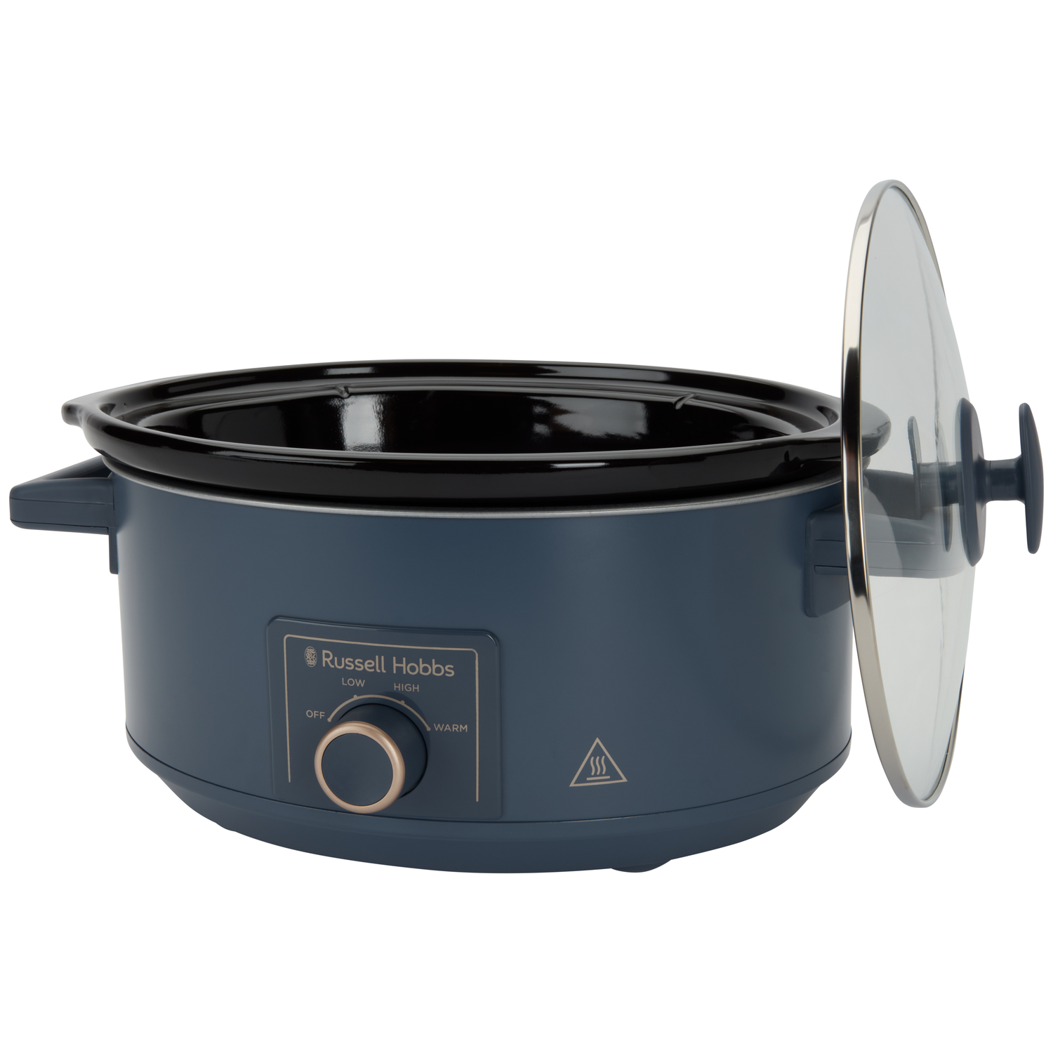 Een blauwe Russell Hobbs slowcooker met het glazen deksel op een kier.