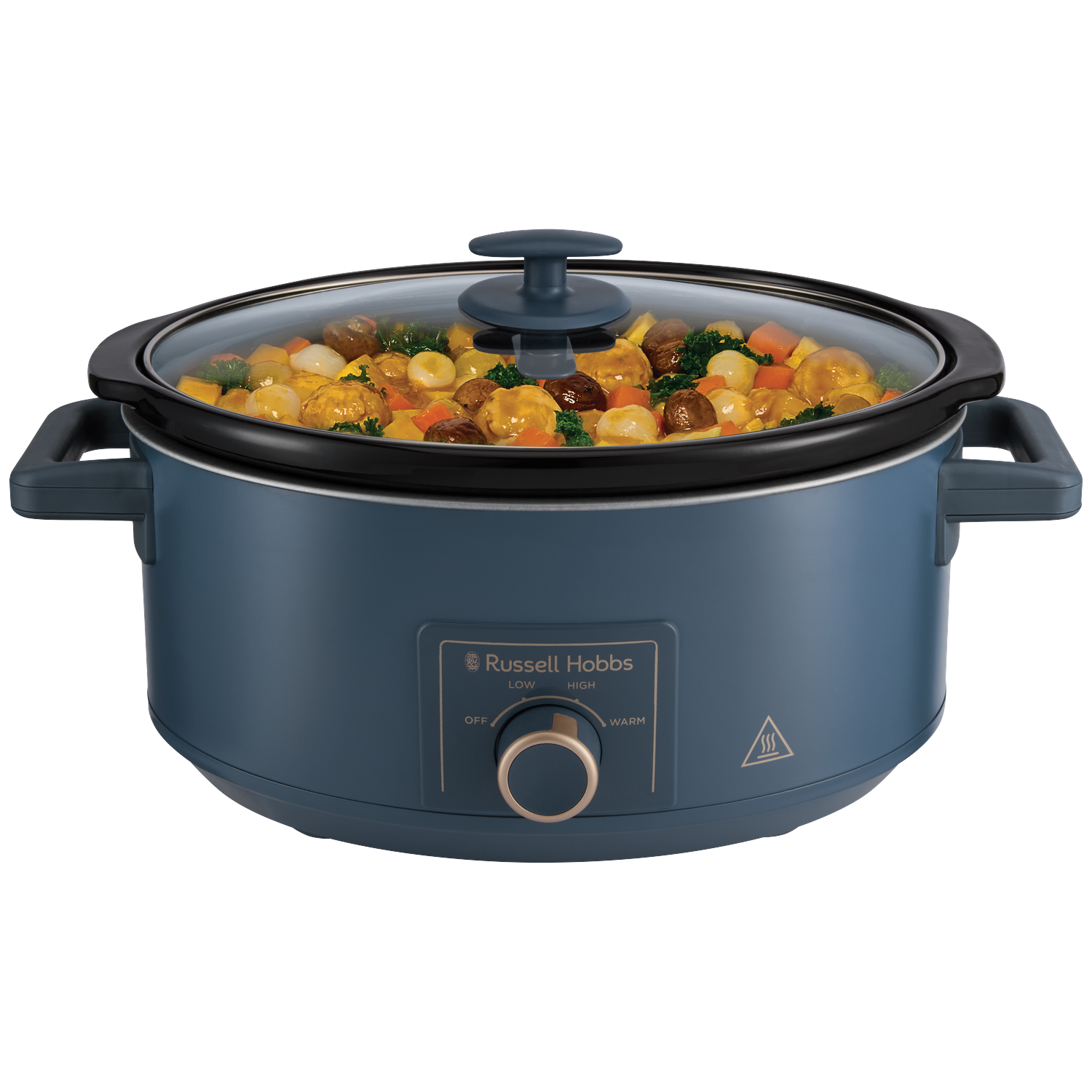 Blauwe Russell Hobbs slowcooker gevuld met stoofvlees en groenten.