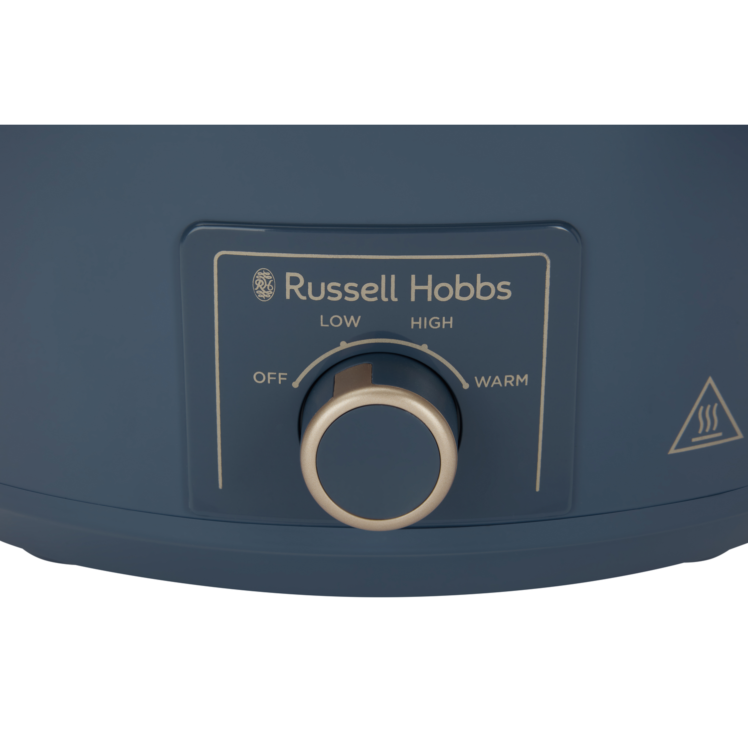 Close-up van een blauw Russell Hobbs slowcooker bedieningspaneel met zilveren knop.