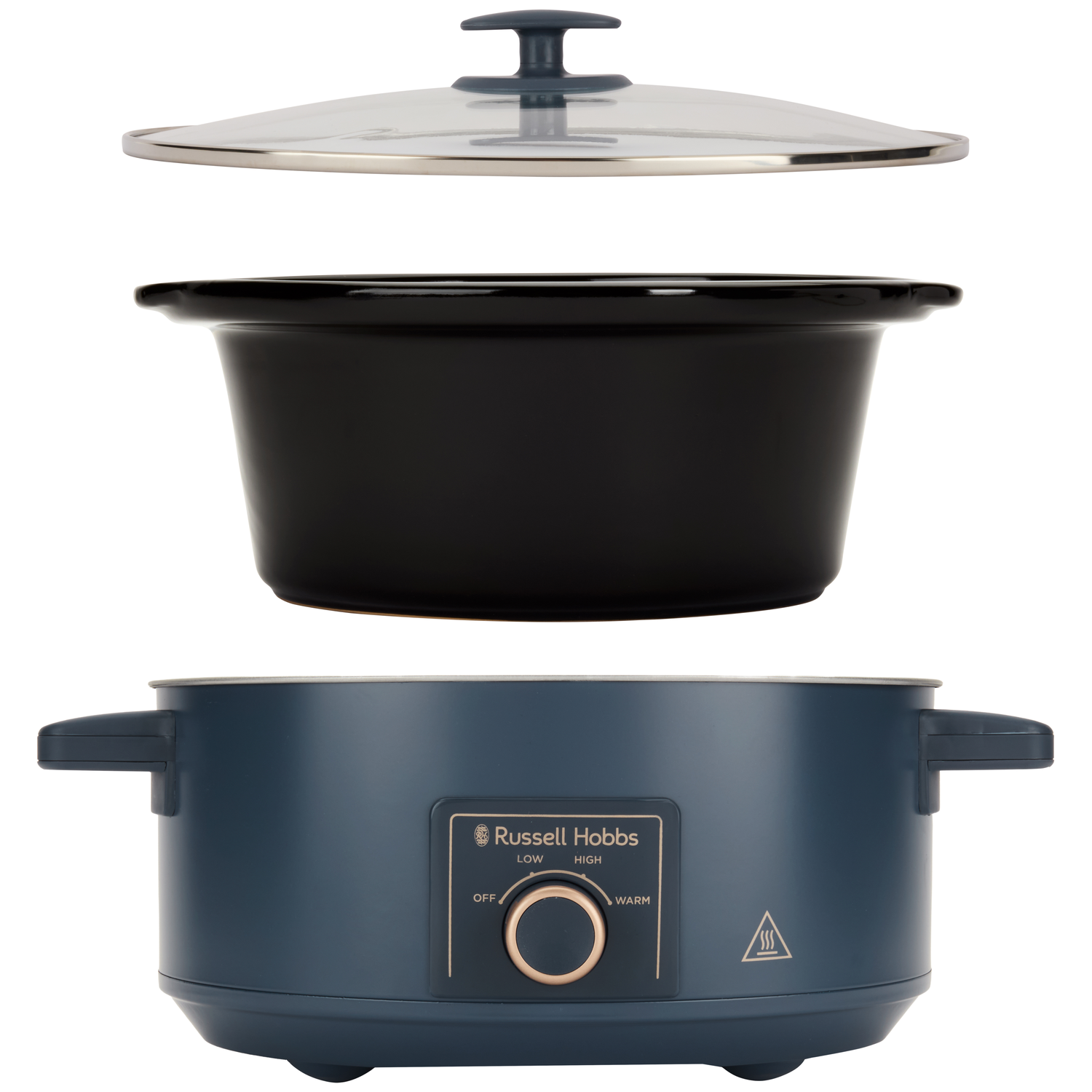 Een blauwe Russell Hobbs slowcooker met een verwijderbare zwarte inzet en glazen deksel.
