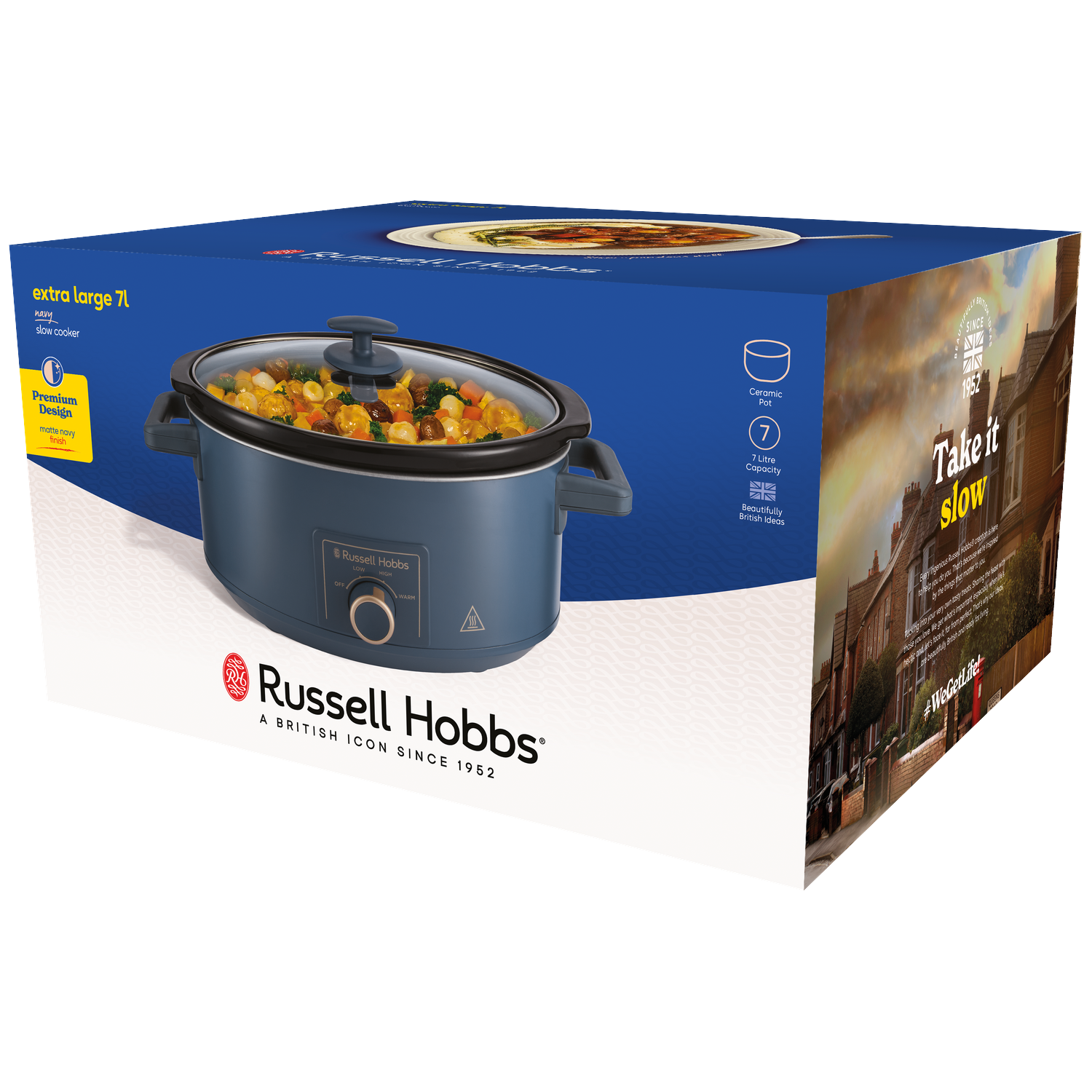 Blauwe Russell Hobbs slowcooker met eten, op een doos met huisafbeeldingen.