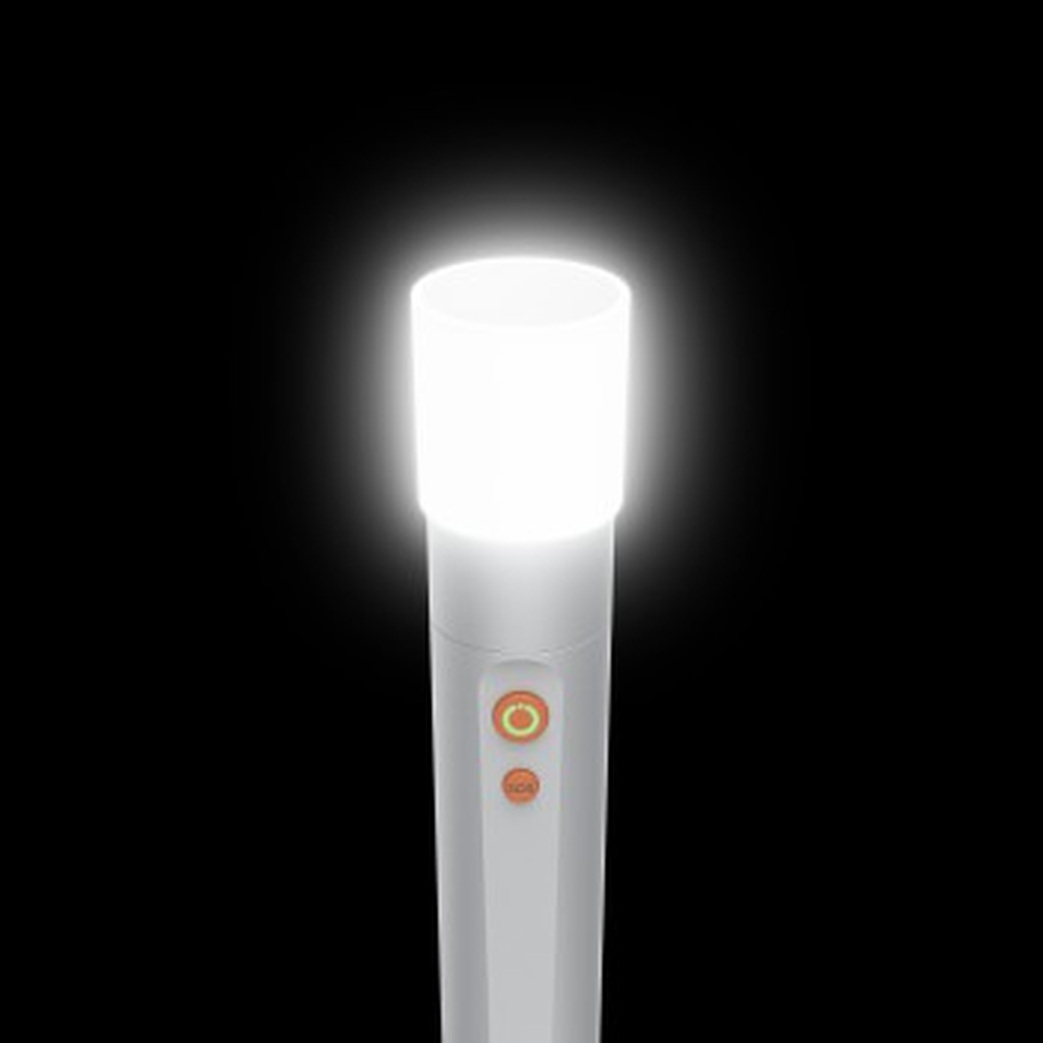 A white flashlight with a bright light and two orange buttons on a black background.