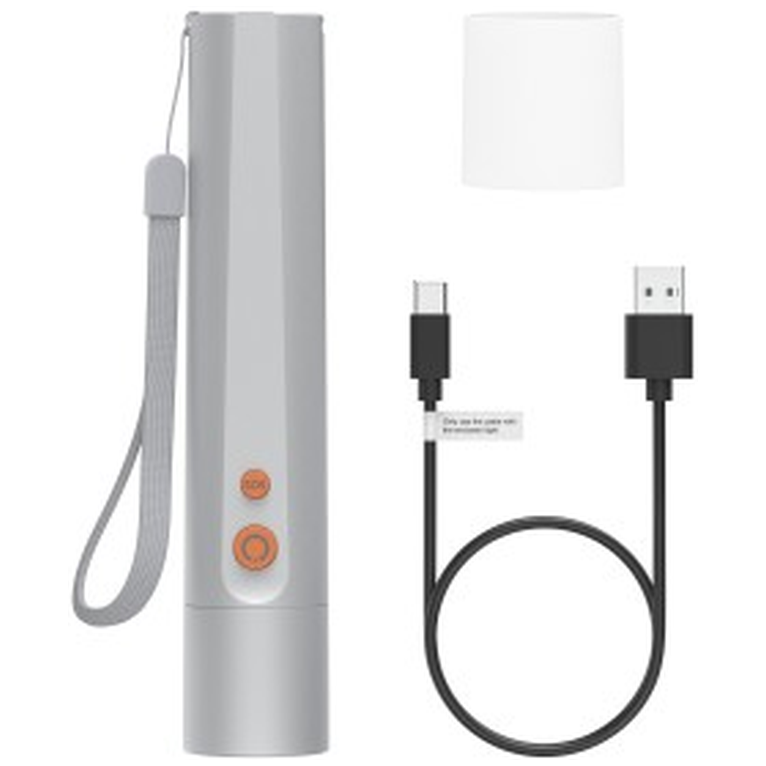 Gray stick with lanyard, white cap, and USB-C cable.