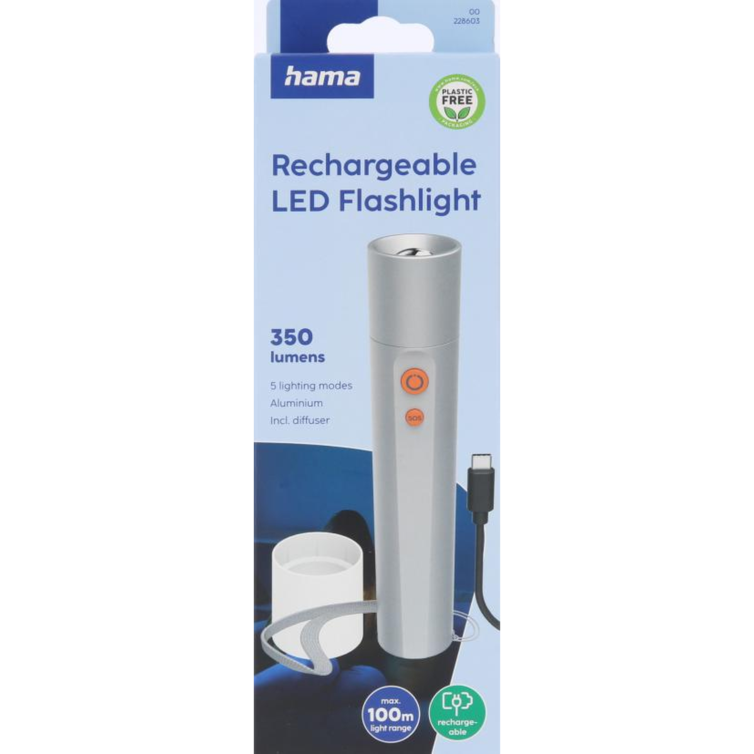 Hama LED flashlight, silver, 350 lumens, rechargeable, includes USB-C cable.
