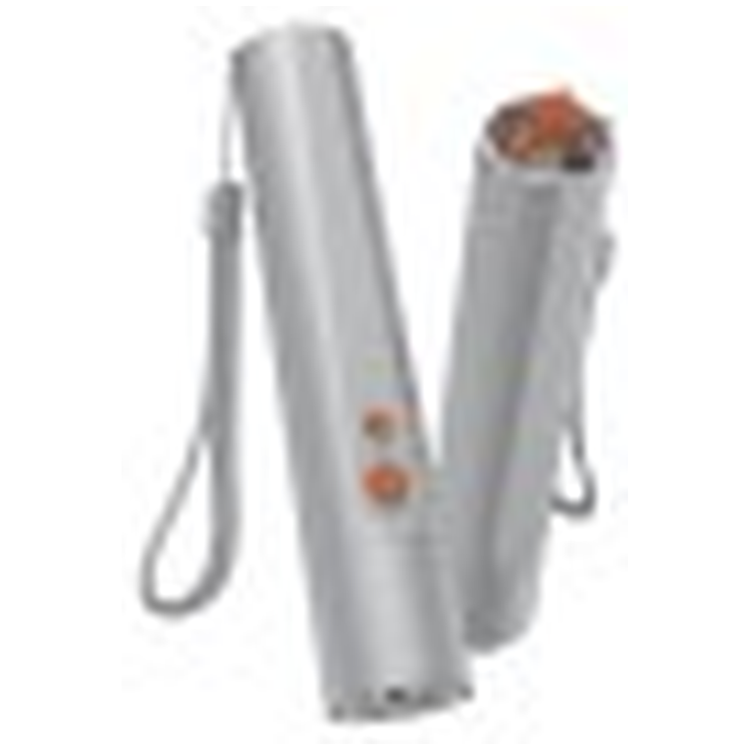 Two silver flashlights with wrist straps and orange buttons.