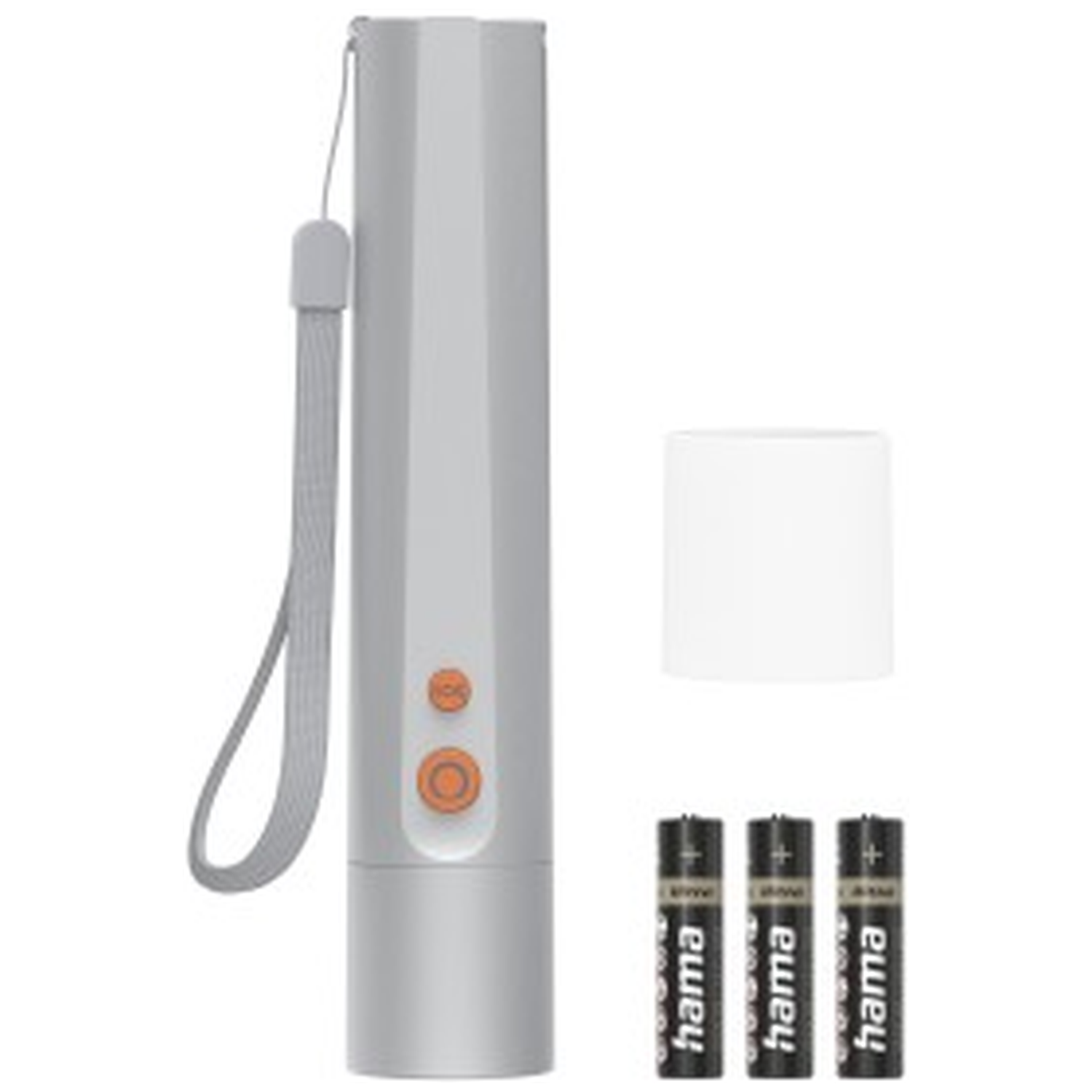 A silver stick with a wrist strap, button, and three batteries.