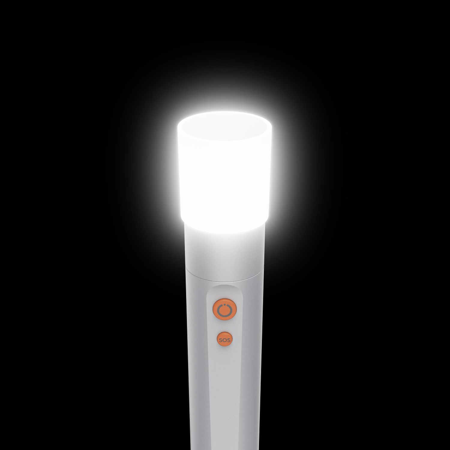 A white flashlight with a luminous head and two orange buttons.