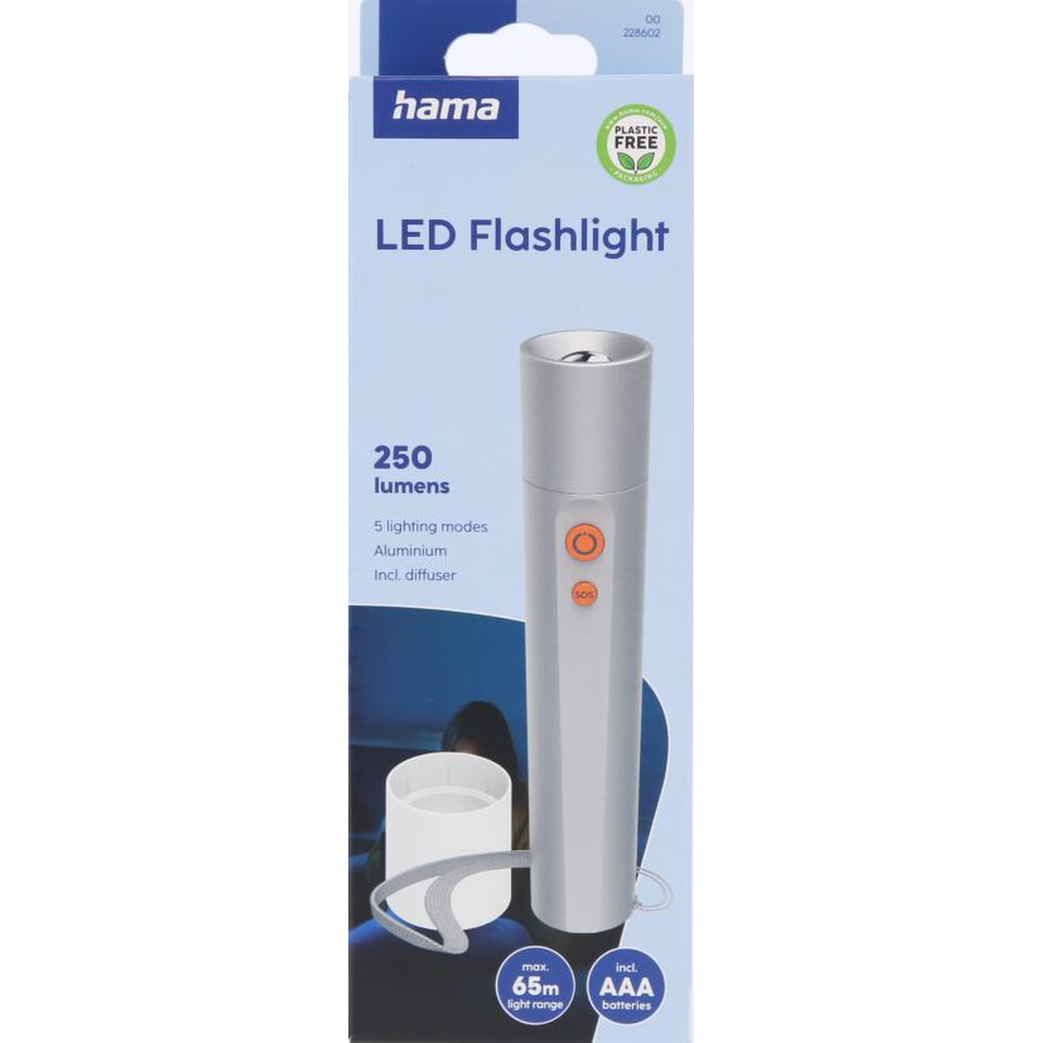 Hama LED flashlight, 250 lumens, aluminum, 5 modes, incl. diffuser.