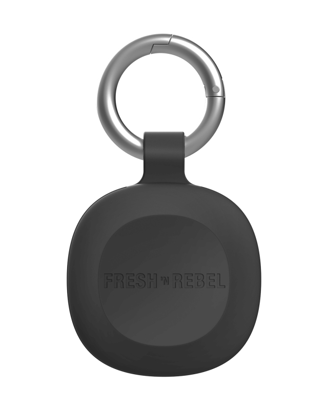Ein schwarzes, rundes Fresh 'n Rebel Accessoire mit silbernem Schlüsselring und Karabiner.