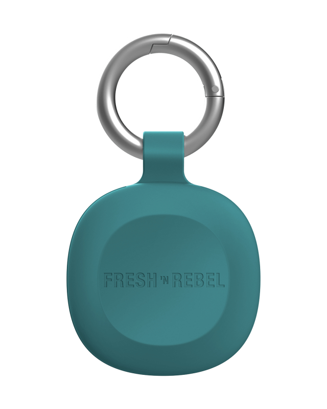 Ein türkisfarbener Anhänger mit silbernem Schlüsselring und dem Logo FRESH n REBEL.