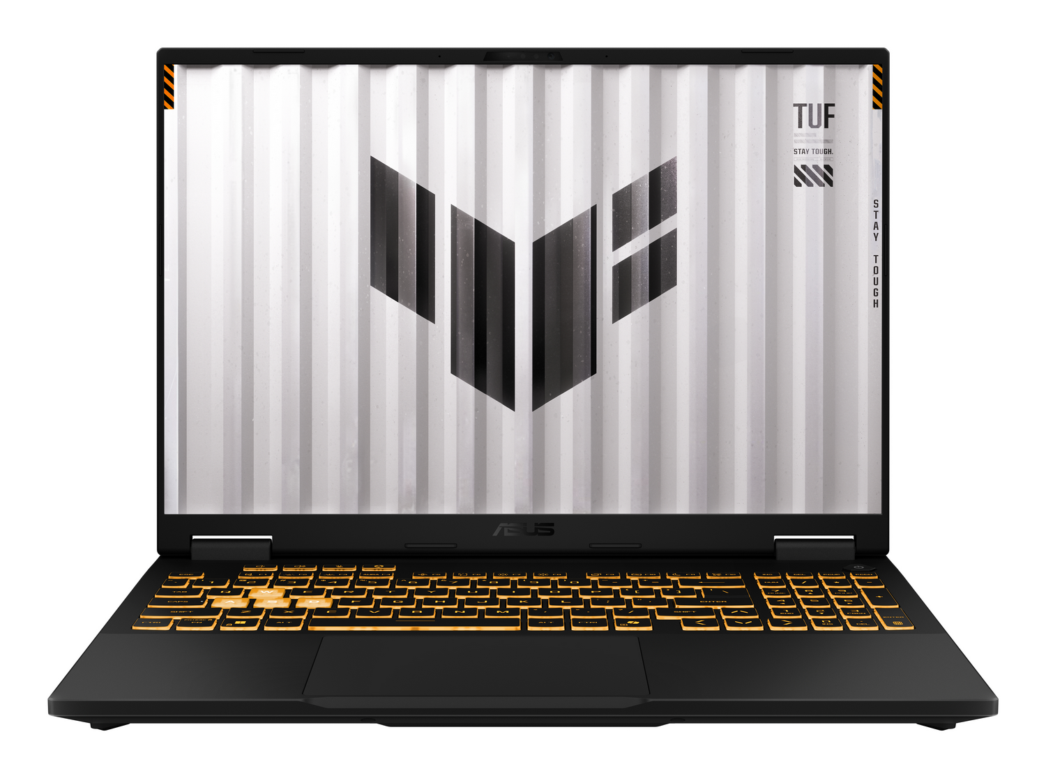 Portátil ASUS TUF negro con teclado naranja iluminado y pantalla blanca acanalada.