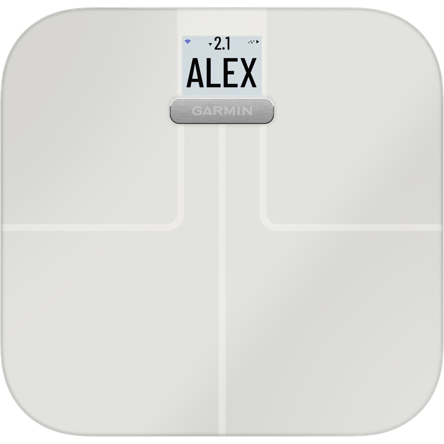 A white scale with a digital display showing ALEX.