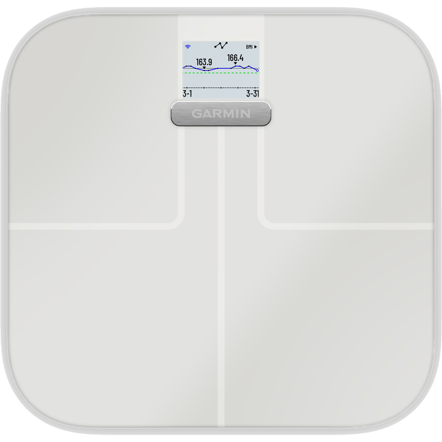 White digital scale with Garmin logo and display showing a BMI graph.