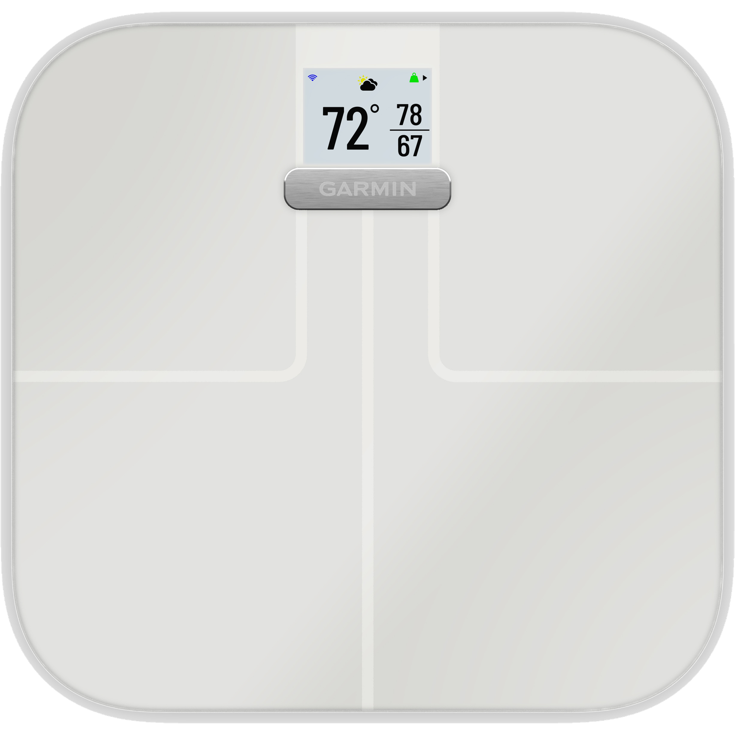 White scale with Garmin logo and display showing weather and temperature.