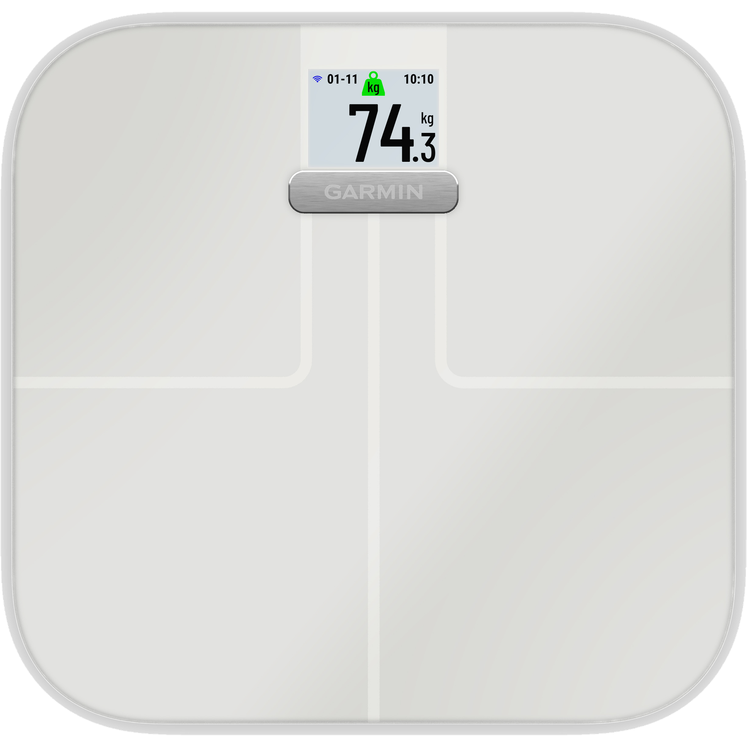 A white digital scale displays 74.3 kg. Garmin logo at bottom.