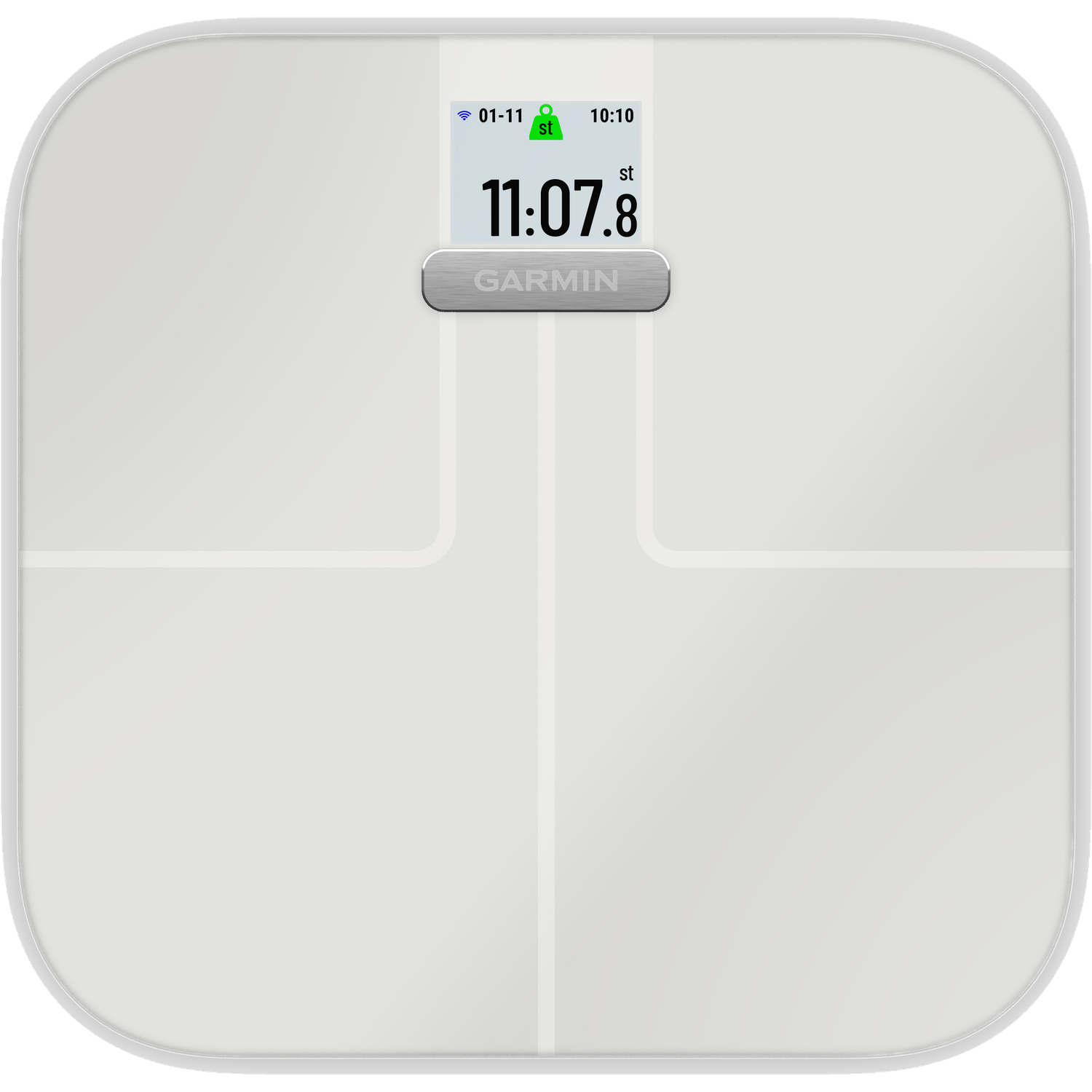 A white scale with a digital display showing 11:07.8.