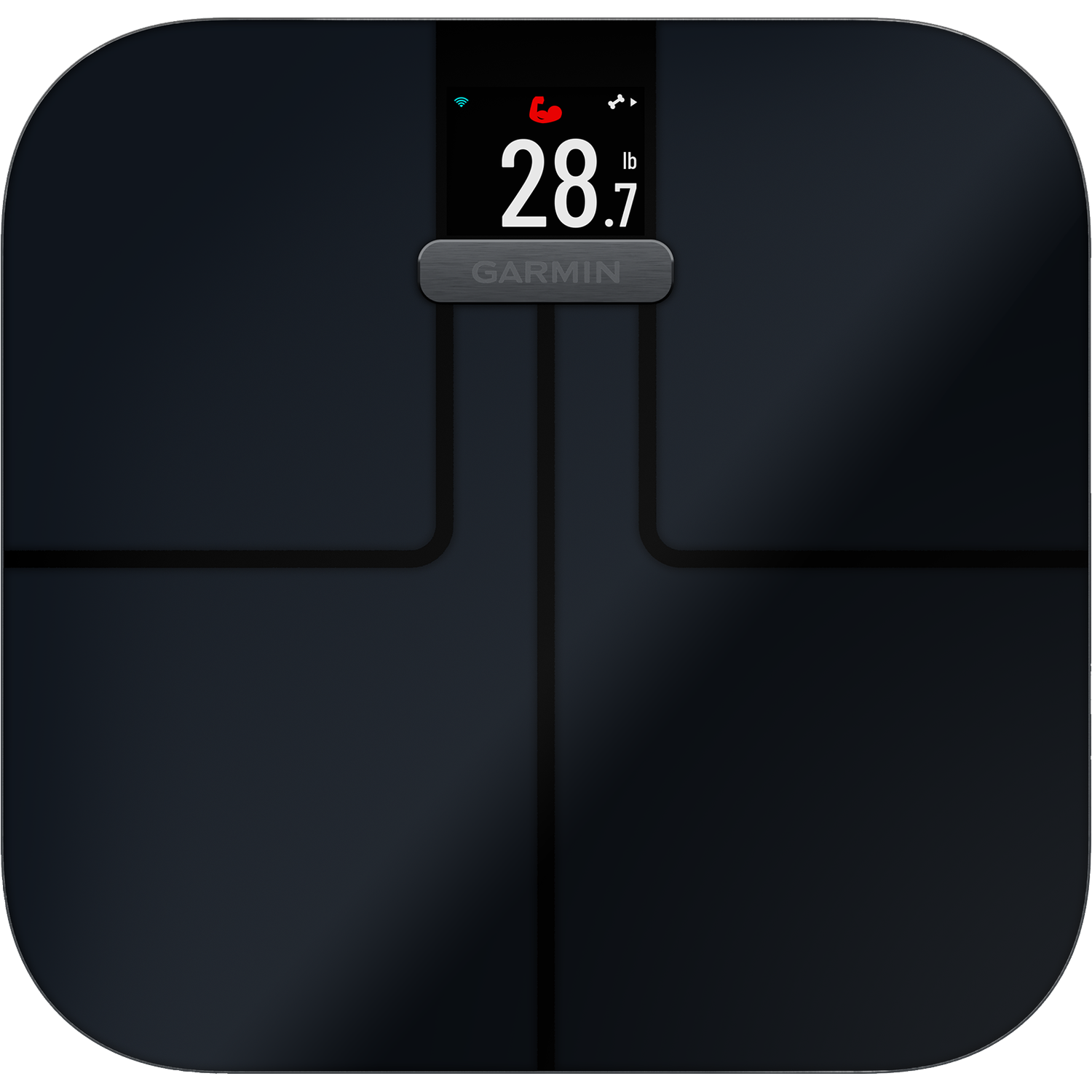 Een donkere digitale weegschaal met Garmin-logo en een display van 28,7 pond.