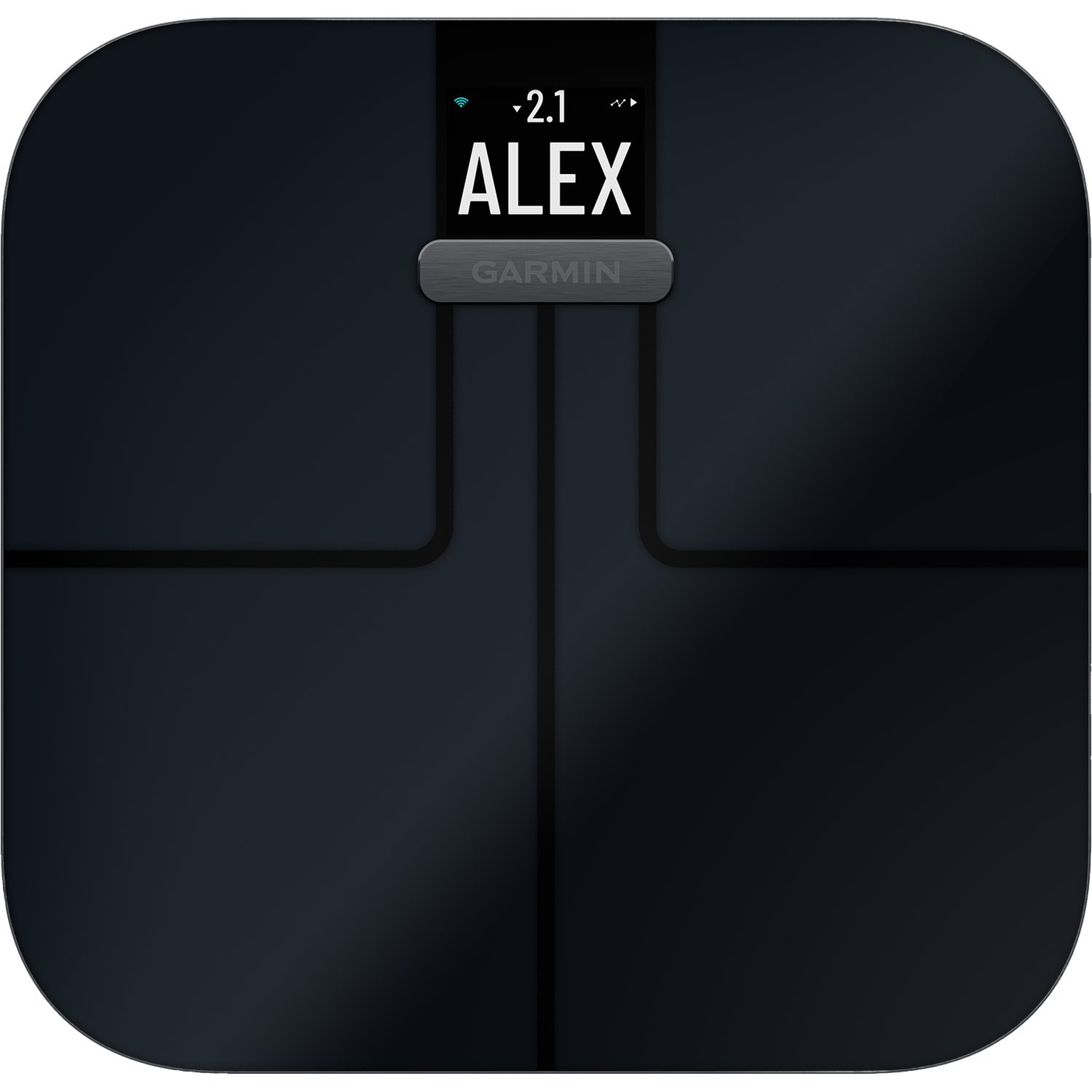 Een donkere slimme weegschaal toont de naam ALEX op het scherm.