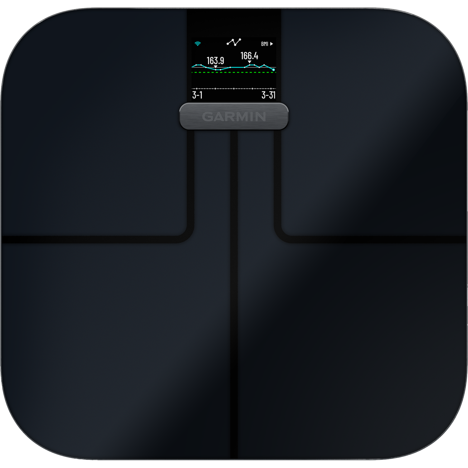 Een donkere personenweegschaal met Garmin logo en een klein scherm dat een grafiek toont.