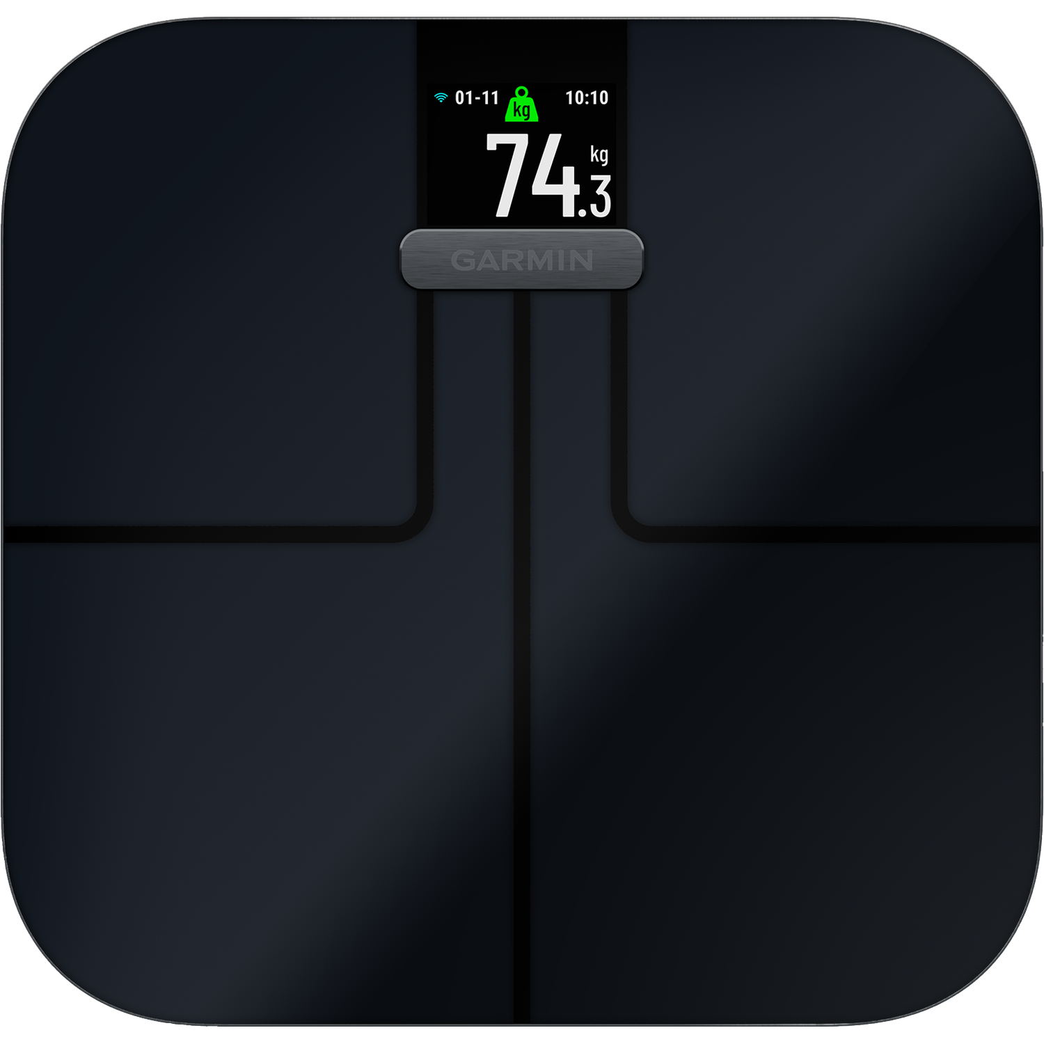 Een zwarte digitale weegschaal toont een gewicht van 74,3 kg.