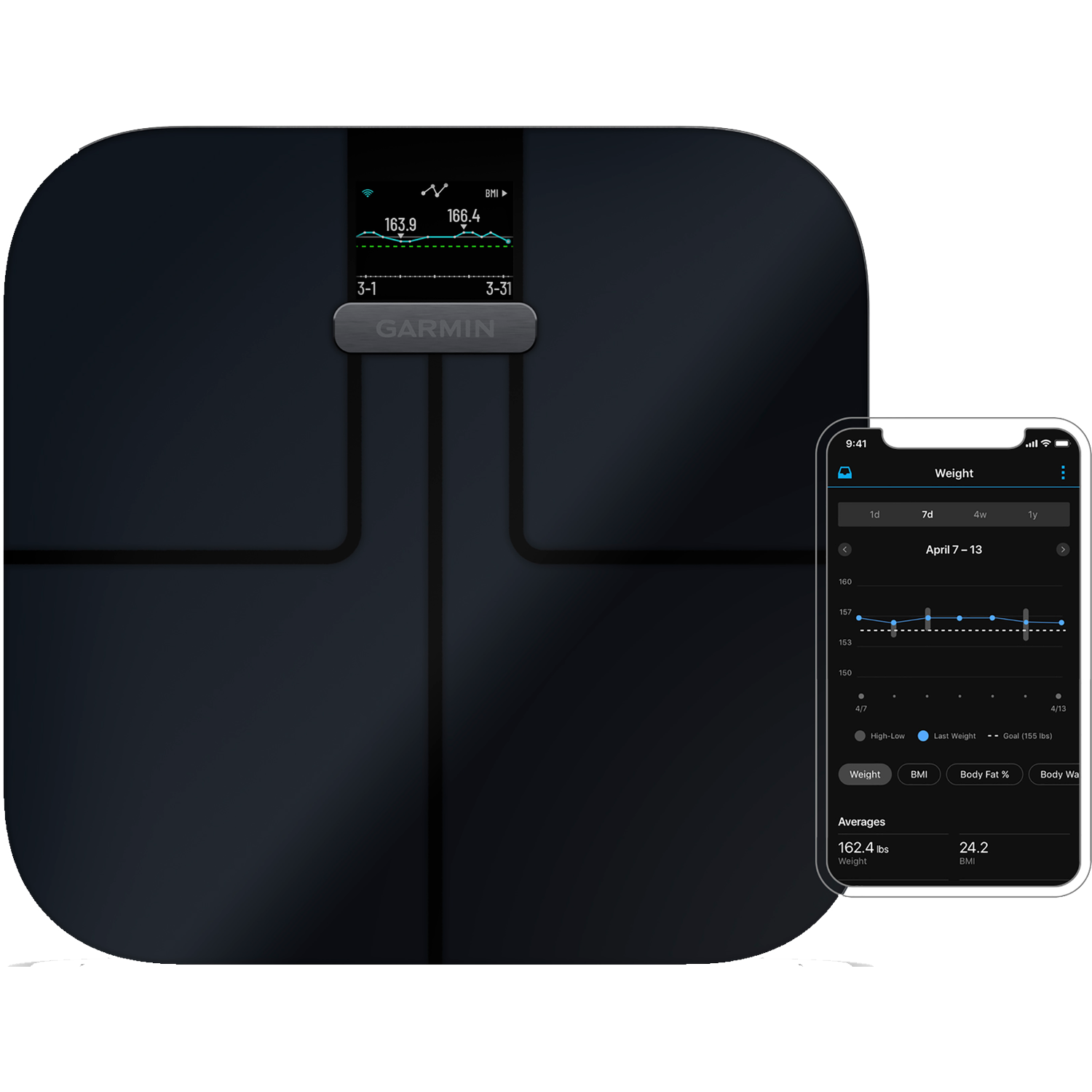 Een donkere Garmin smart weegschaal toont gewichtsdata, met een telefoon die een app toont.