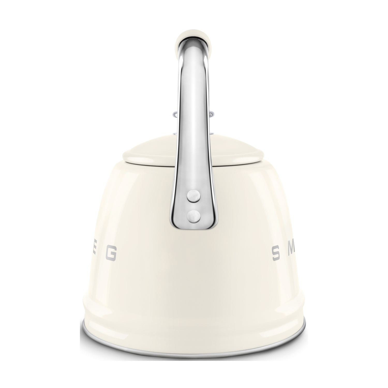 Un bollitore SMEG color crema con manico e dettagli cromati, mostrato frontalmente.